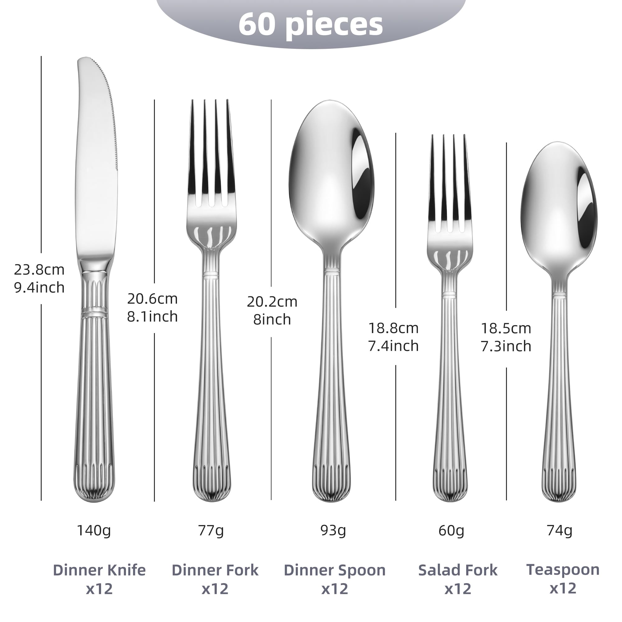 60-Piece 18/10 Stainless Steel Heavy Weight Flatware Set for 12, High End Thick Handle Silverware Set, Luxury Forged Striped Design, Dishwasher Safe
