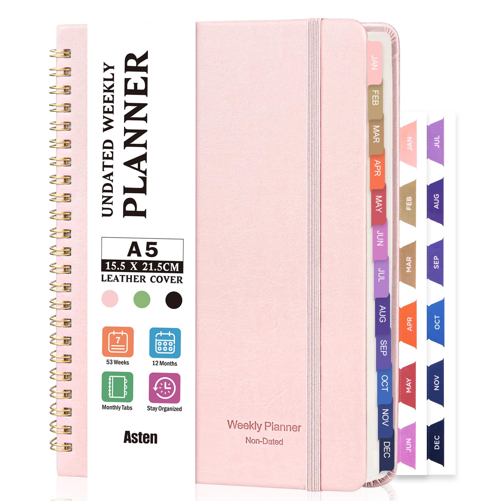 Weekly Planner, Undated Planner Notebook, Leather Work Planners, To Do List Notebook, Weekly & Monthly Diary with 24 Monthly Self-Adhesive Tab, 53 Weeks Planners for Men Student 14.5x21cm,Pink