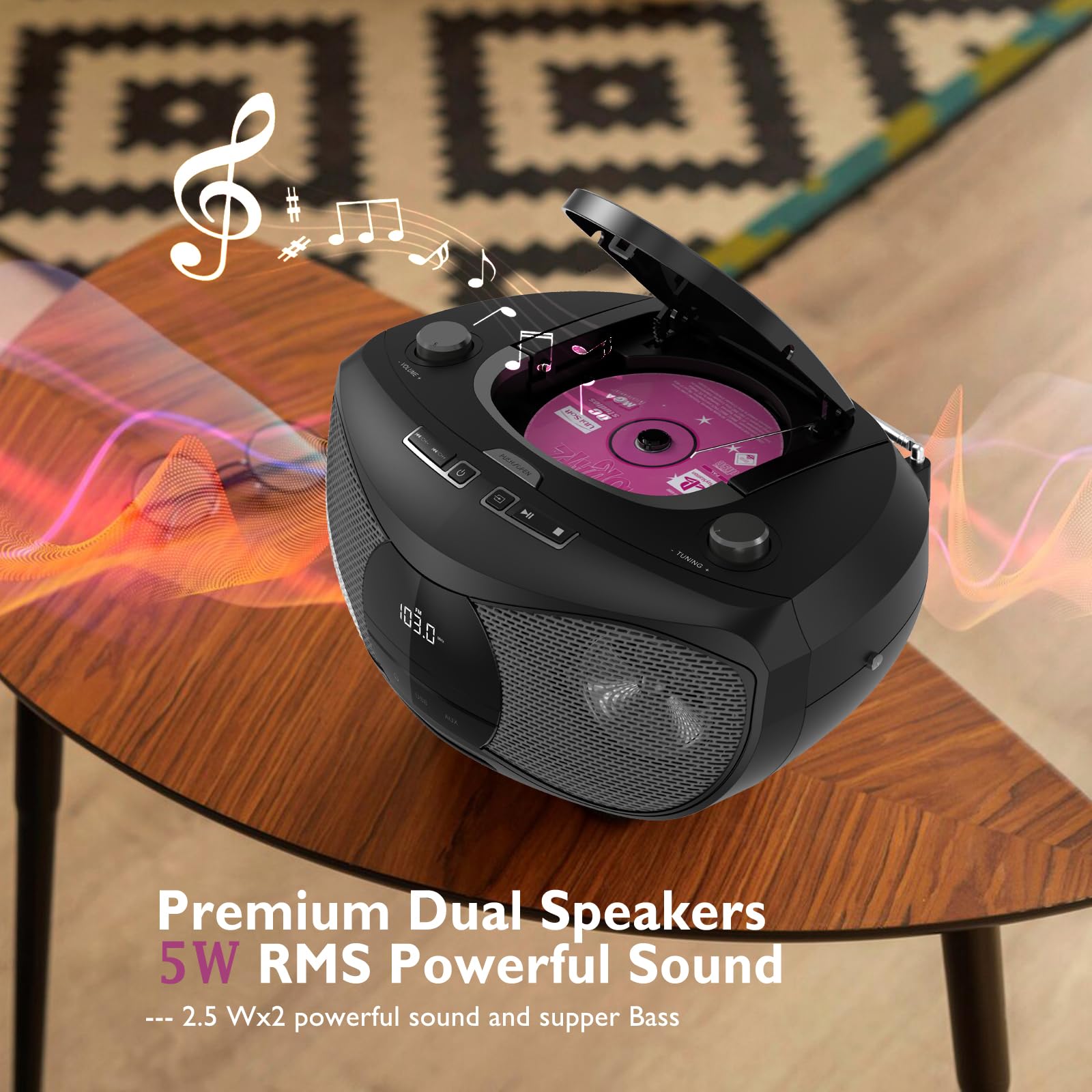 LONPOO Stereo Lettore CD portatile Bluetooth Boombox Connettività Radio FM, USB, AUX, Uscita cuffie, 5W RMS HiFi Altoparlanti (LP-D12)