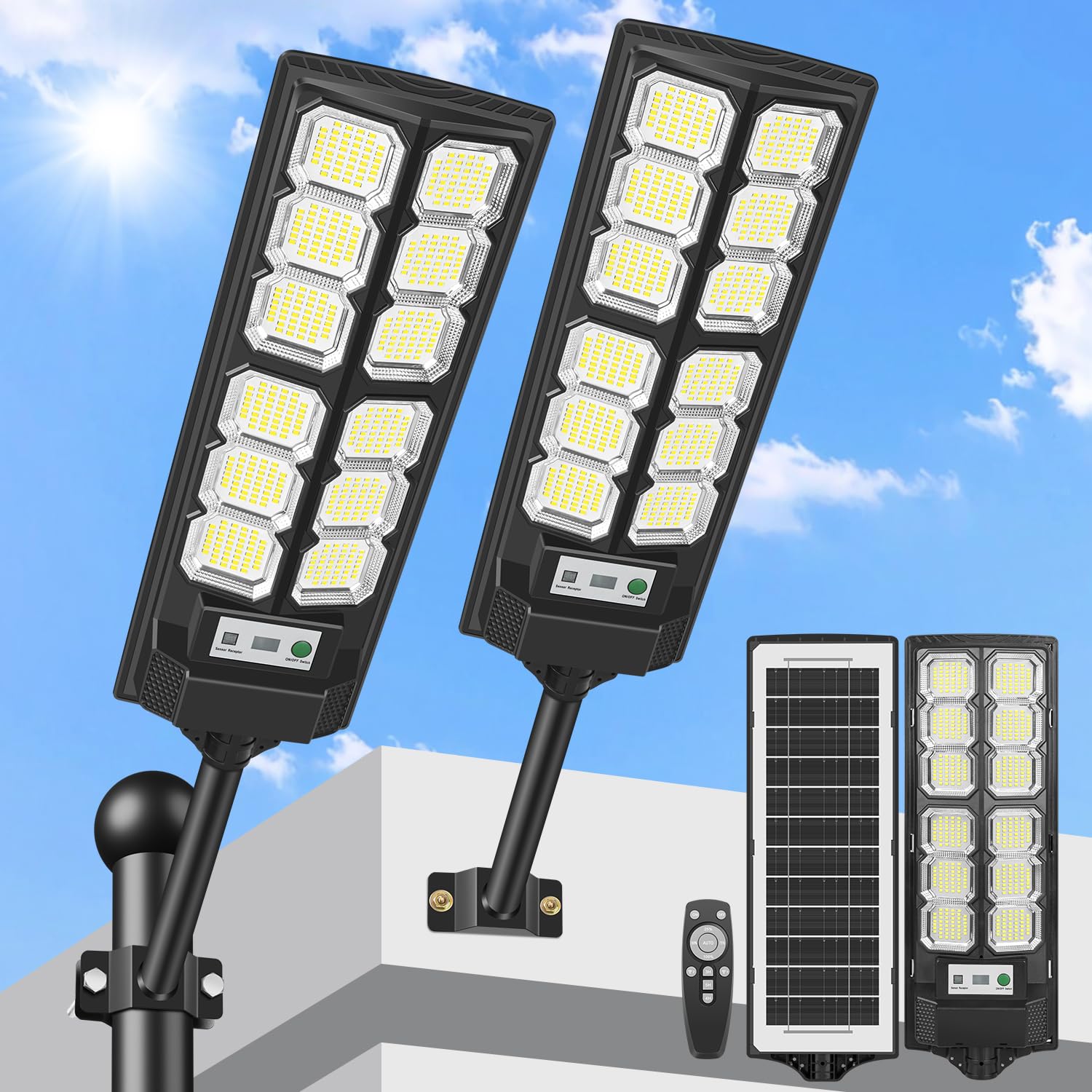 Solar Straßenlaterne für Außen, 6500K 528 LEDs Solarleuchte mit Bewegungsmelder, Wasserdicht Solarlampen für Außen Solar Strahler mit Fernbedienung, Solar-Straßenleuchten für Garten, 2 Stück