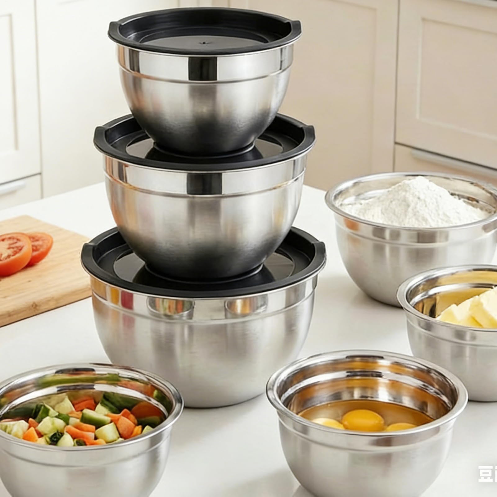 Boles de Mezcla de Acero Juego de 7 Piezas Apilables Redondas con Base | Boles para Preparación de Alimentos de Hogar y Para Cereales Snacks Huevos Especias Verduras Fru