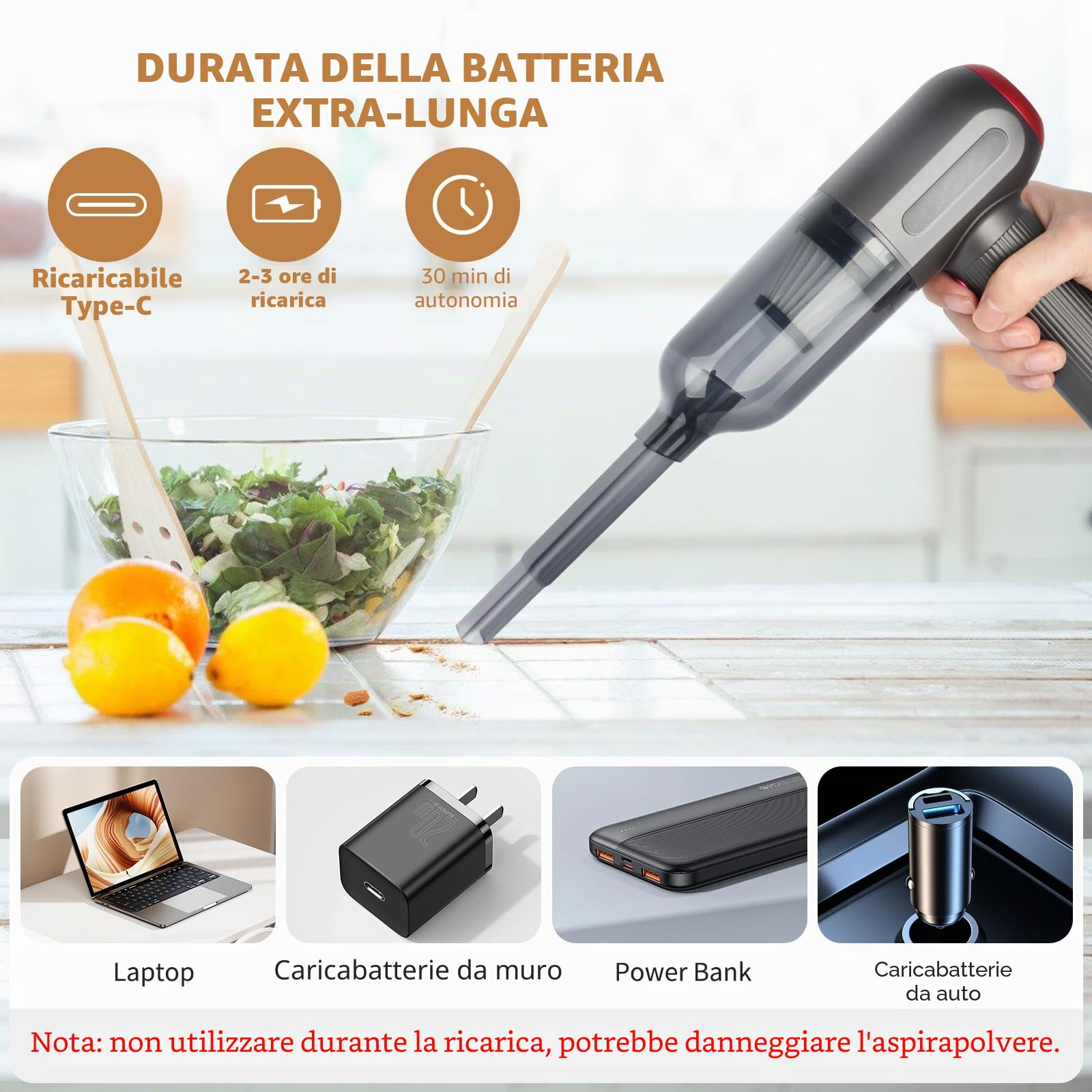 Tiazhan Aspirapolvere manuale, 9000 Pa, potente aspirapolvere a mano, 4 in 1, leggero soffiatore di polvere e aspirapolvere, display a LED, mini aspirapolvere ricaricabile USB, per auto (Grigio)