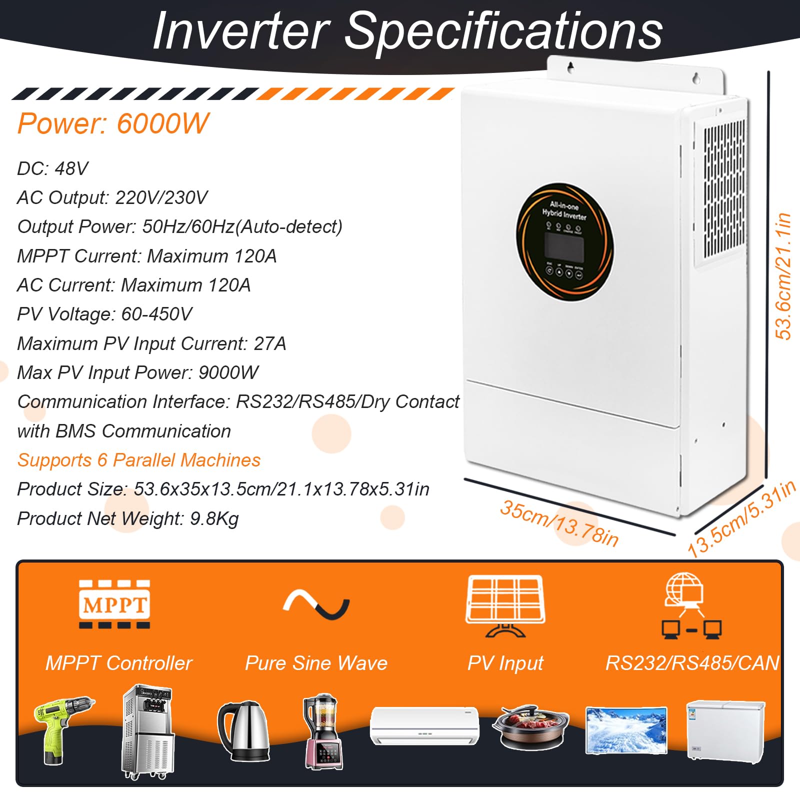 Inversor Solar Híbrido 3600W/6000W/12000W, Convertidor 48V a 220V