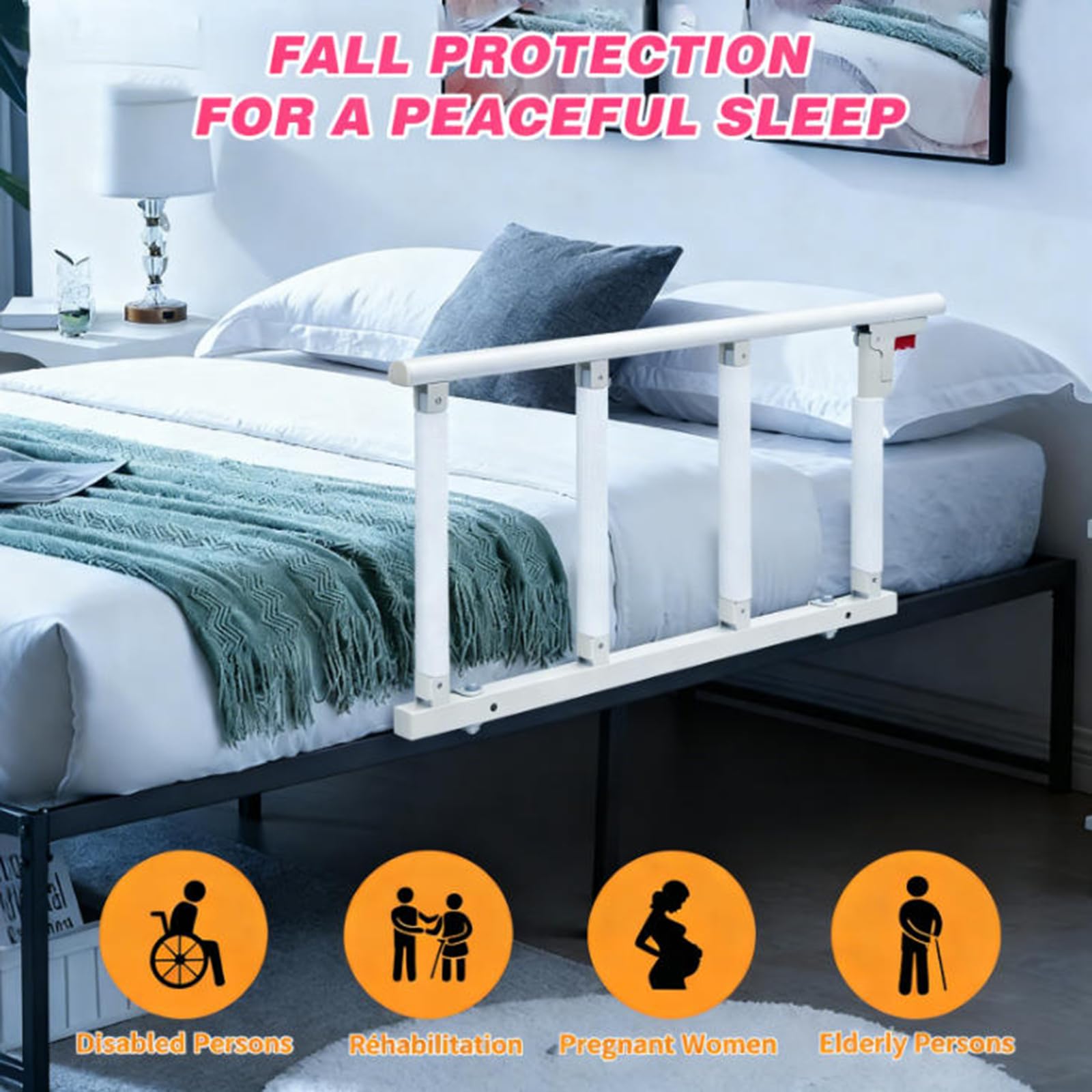 Barrière de Lit Adulte Pliable à 4 Niveaux Réglables en Alliage Aluminium, Barrière de Lit Anti-Chute pour Personnes Âgées, Appui de Chevet Sécurisé pour Maison et EHPAD