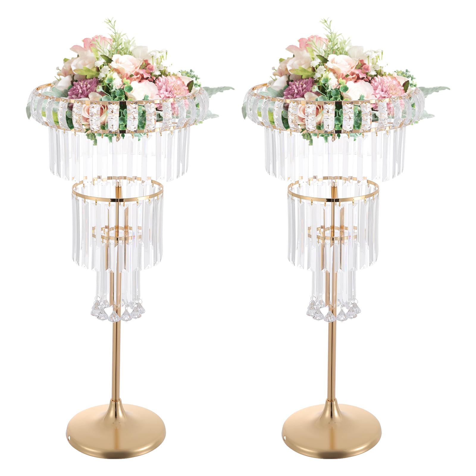2Pcs 4-Tier Wedding Gold Vases Centerpieces Crystal Flower Stand with Hanging Crystals, Round Pedestal Flower Holder Display for Wedding Road Lead T