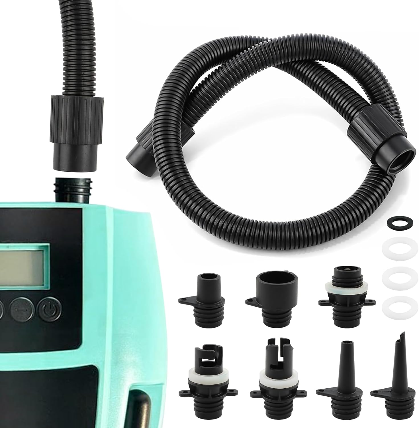Paddle Board Pump Hose Set, Paddle Board Pump Adapter with 7 Air Nozzles, 3.28ft Swivel Threaded Connector for Rafts, Kayaks, Boats, Tents, Pool image 5