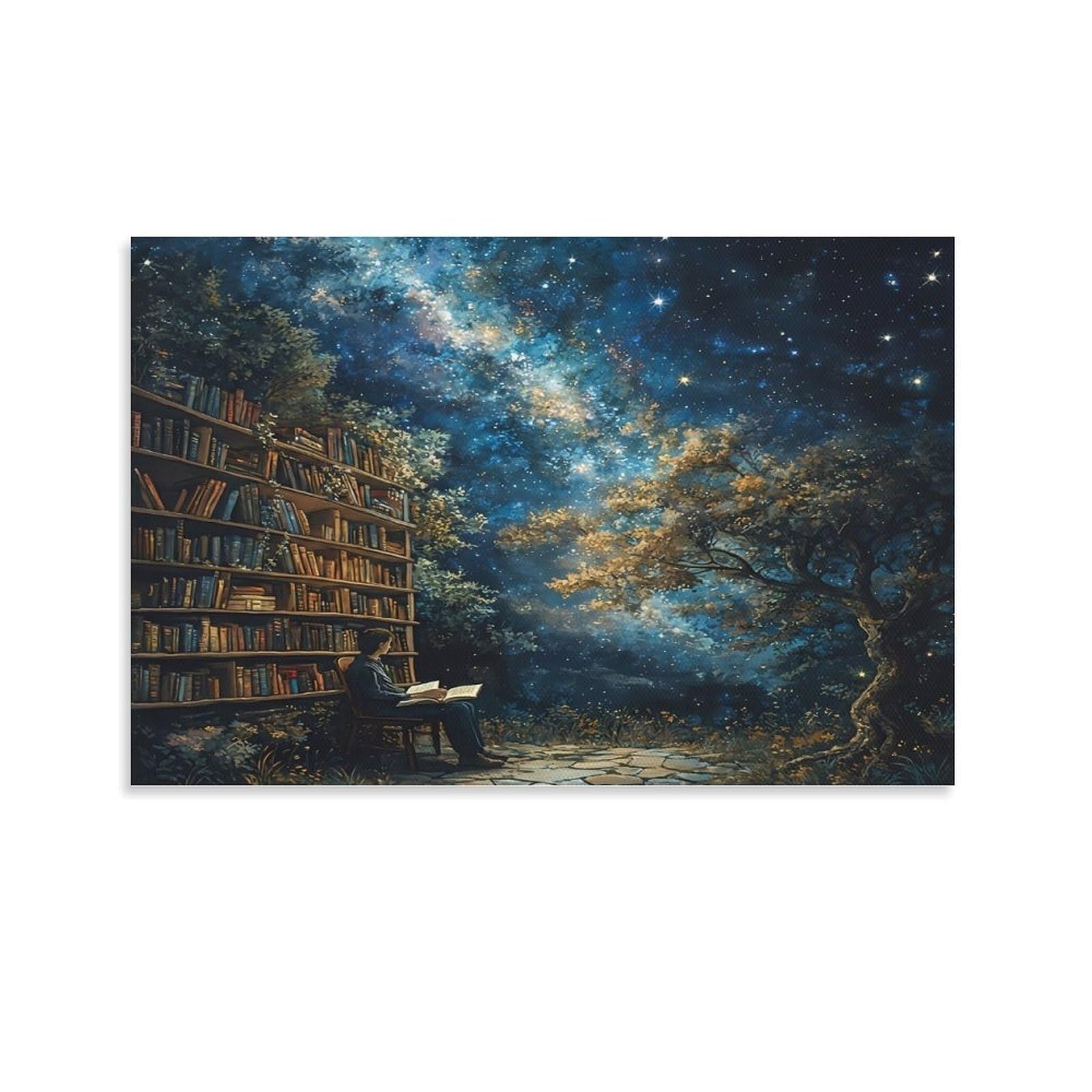 CPLVKWRQJ Starry Night Reading Single Forest Bookshelf Under Glowing Milky Way Sky Canvas Wall Art - Nursery Canvas Wall Hanging Space Saving Ready to Hang Decor 20x30inch(50x75cm)