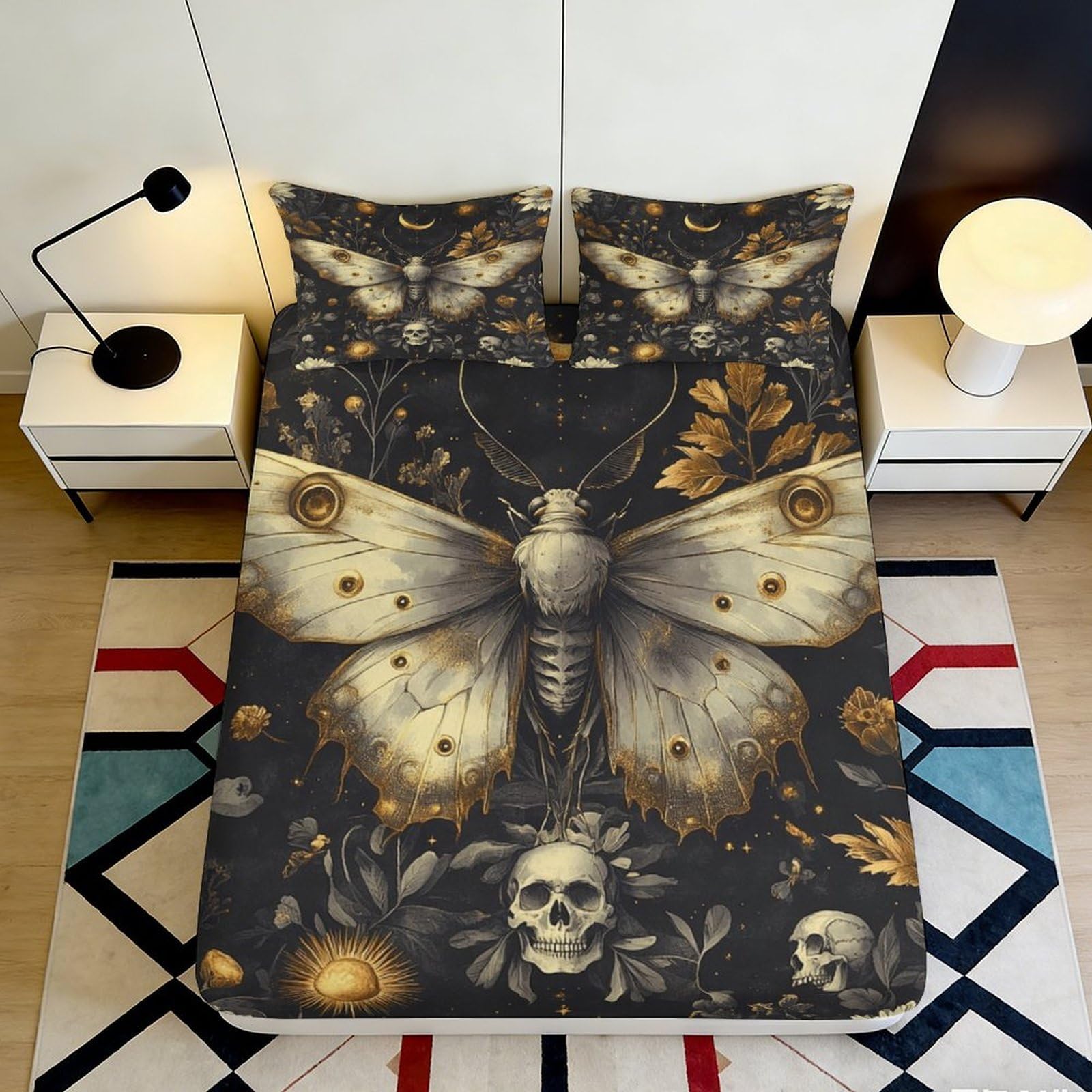 3D Printed Gothic Moth Fitted Sheet Microfiber Soft Breathable Dark Floral Skull Bed Cover for Bedroom Dormitory Guest Room Mattress Protection Decor 120x200x25cm