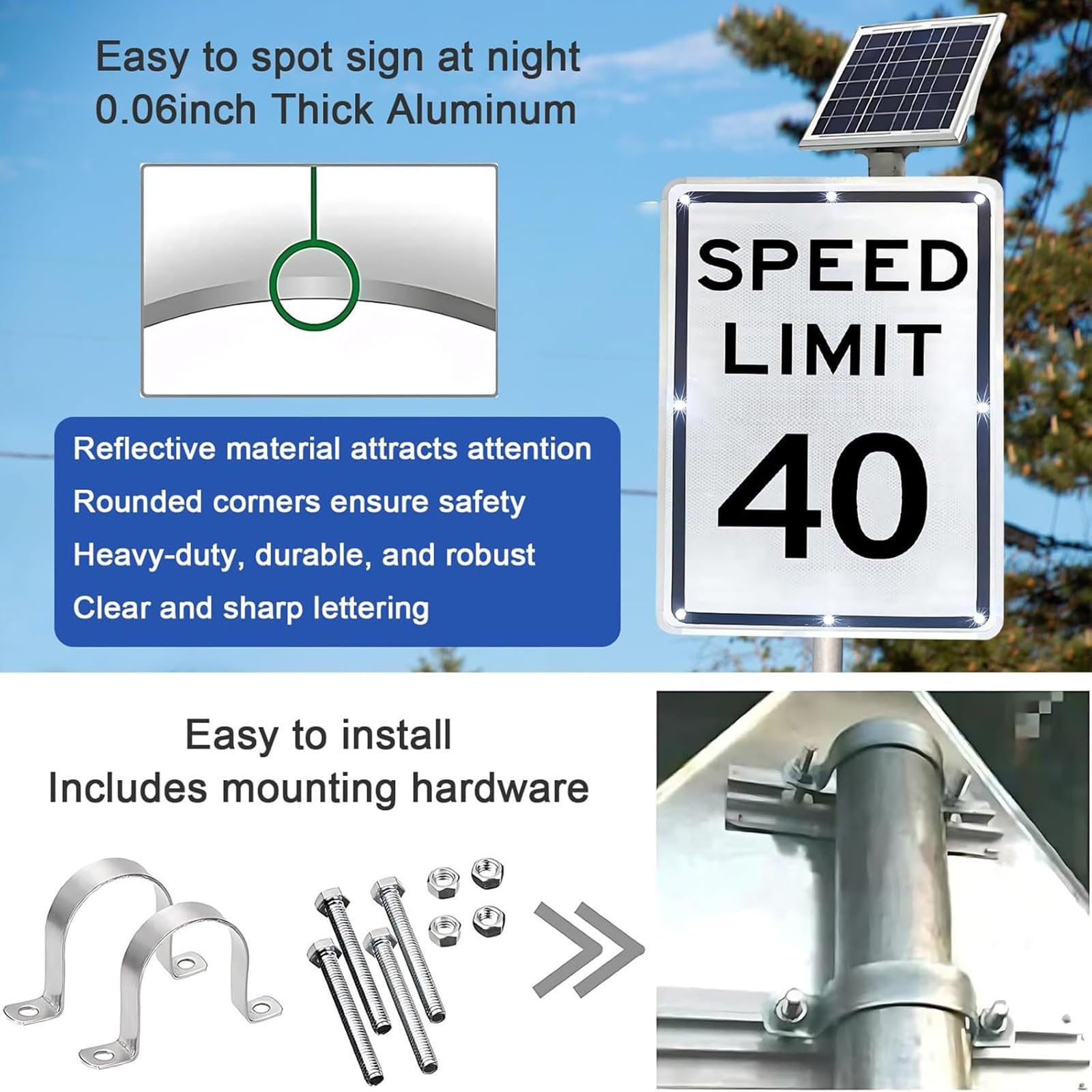 Señal LED de límite de velocidad intermitente con energía solar, señal de advertencia de tráfico de alta visibilidad, impermeable IP65 para uso en carretera y exteriores
