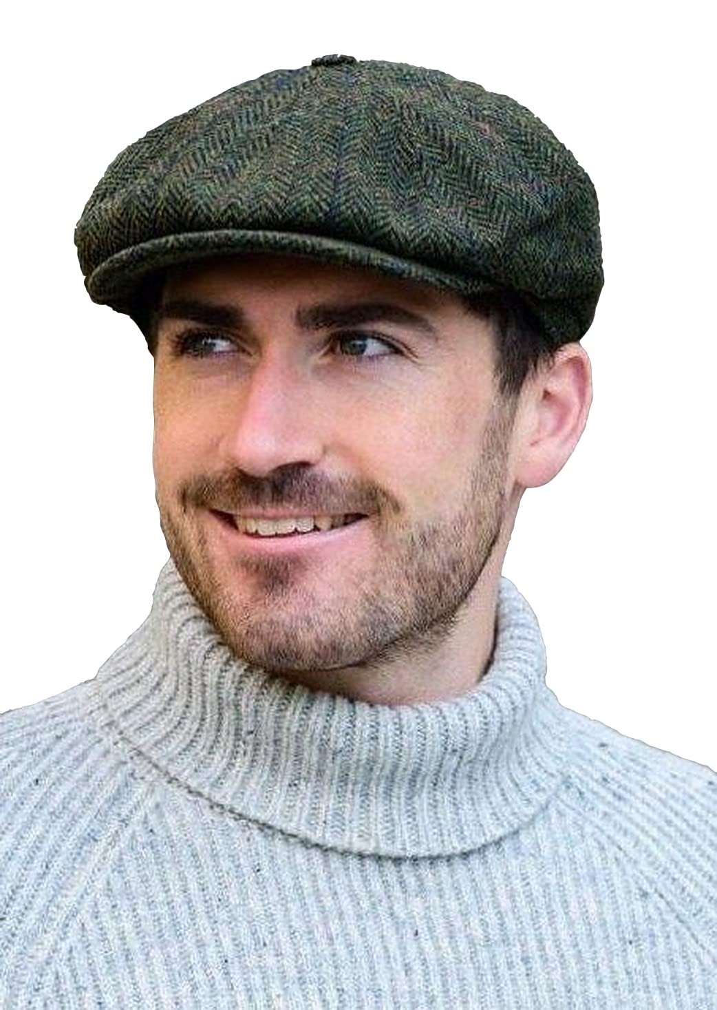 Mucros Weavers Newsboy Tweed Cap Irish Hat for Men's 8 Piece Flat Driving Cap Made in Ireland (Small, Green Herringbone)