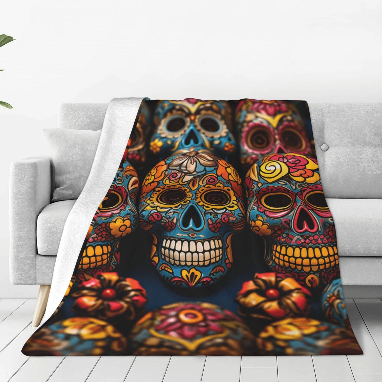 Colorful Sugar Skulls Throw Blanket for Couch, Plush Fuzzy Soft Flannel Blankets and Throws for Sofa, 60"x50" Bed Blankets for Travel Camping Chair, All Season Warm Fleece Blanket