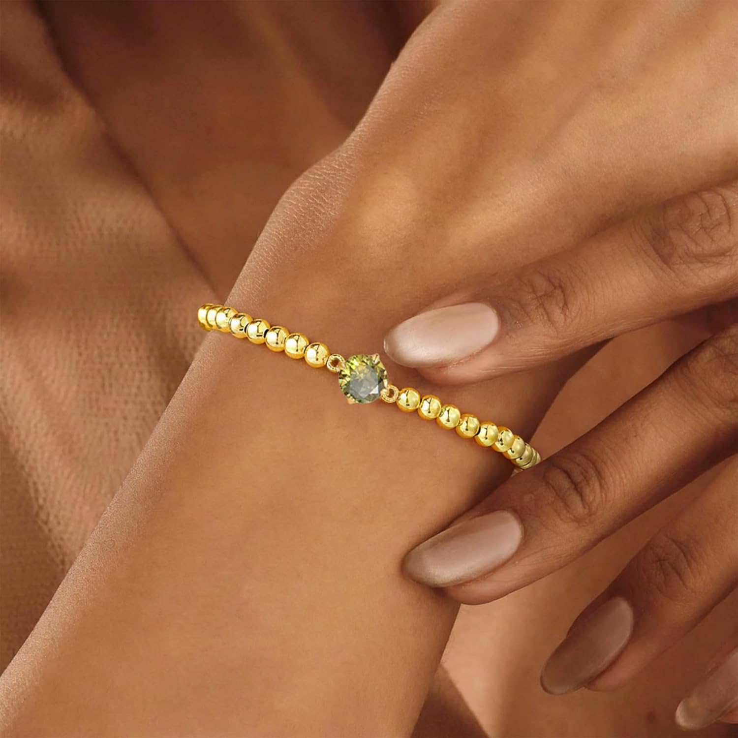 Gold Bracelets for Women - 14K Gold Plated Dainty Elastic Birthstone Bracelets for Women Gold Jewelry Bead Bracelet Gifts Christmas Stuff for Teen Women Friendship Bracelet - Image 2