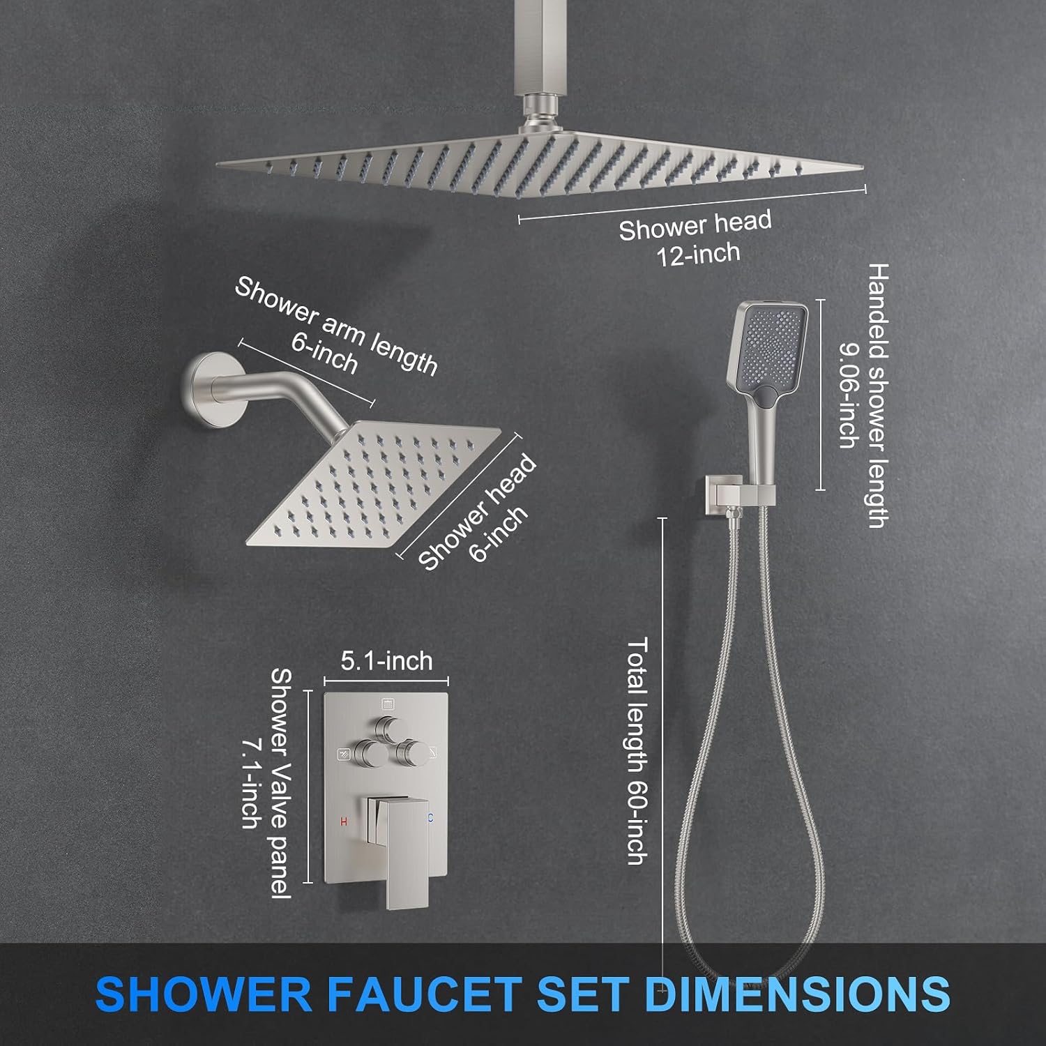 Shower Faucet Set, 12" Ceiling Mount Rainfall Shower System with 2 Rain Shower Head and Multi-function Handheld Head Push Button Diverter Shower Faucet Trim Kit (12", Brushed Nickel) - Image 9