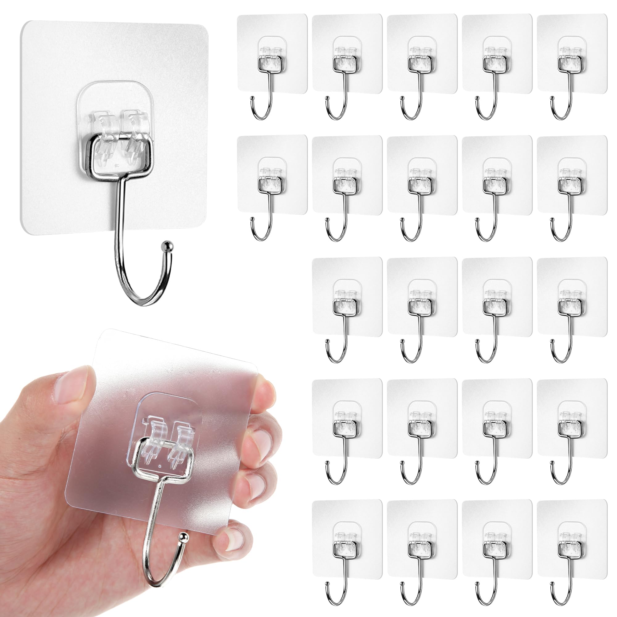 Fisynug Clear Large Self Adhesive Hooks Heavy Duty 44 Lb/ 20Kg (Max), Removable Sticky On Wall Hooks For Hanging, Waterproof Rustproof Towel And Coats Hooks For Bathroom Kitchen Office (24)