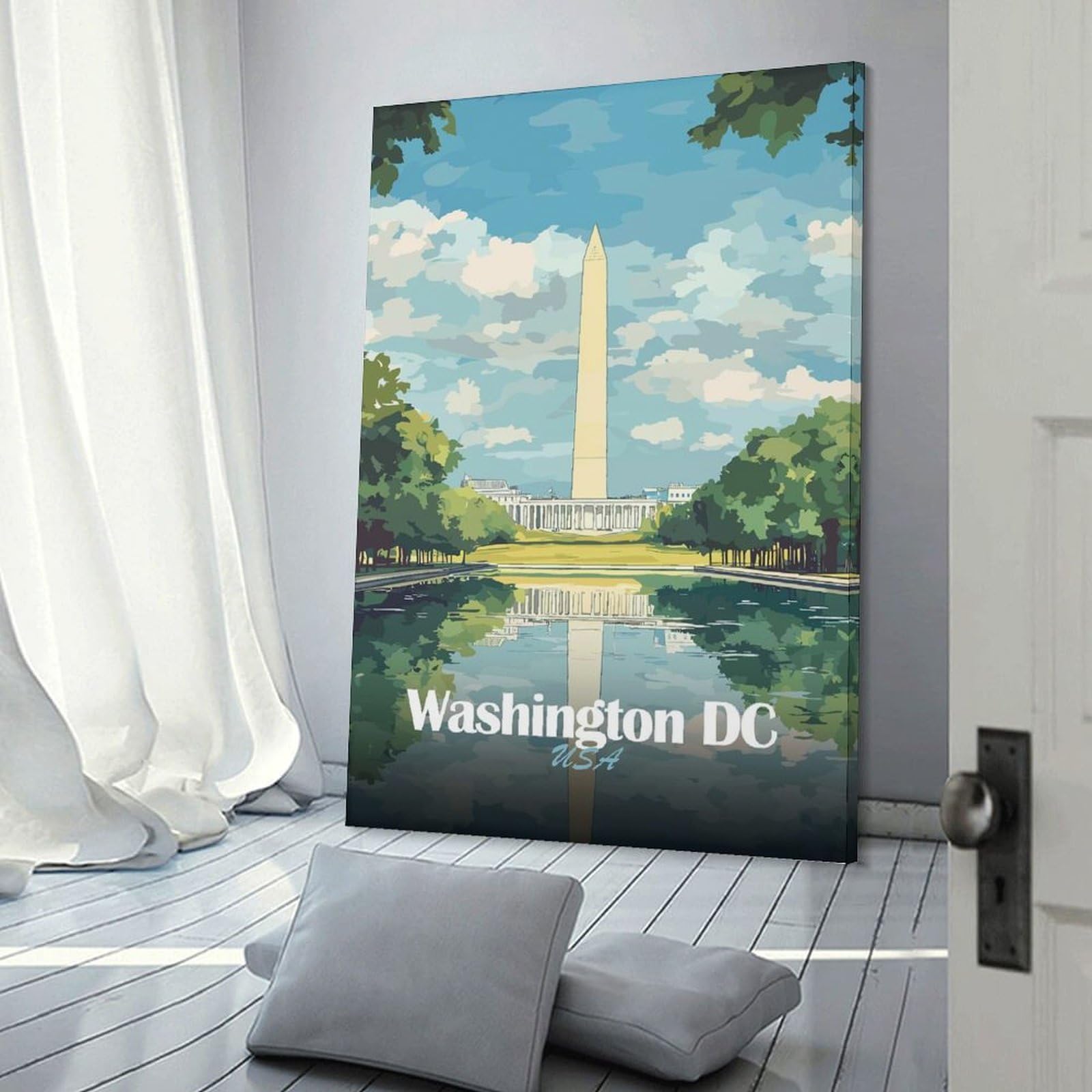 Junmoney Washington DC Monument Illustration Decorative Wall Artwork 24x36inch(60x90cm), for Living Room, Bedroom, Office Or Hallway, Decorative Artwork with Broad Appeal