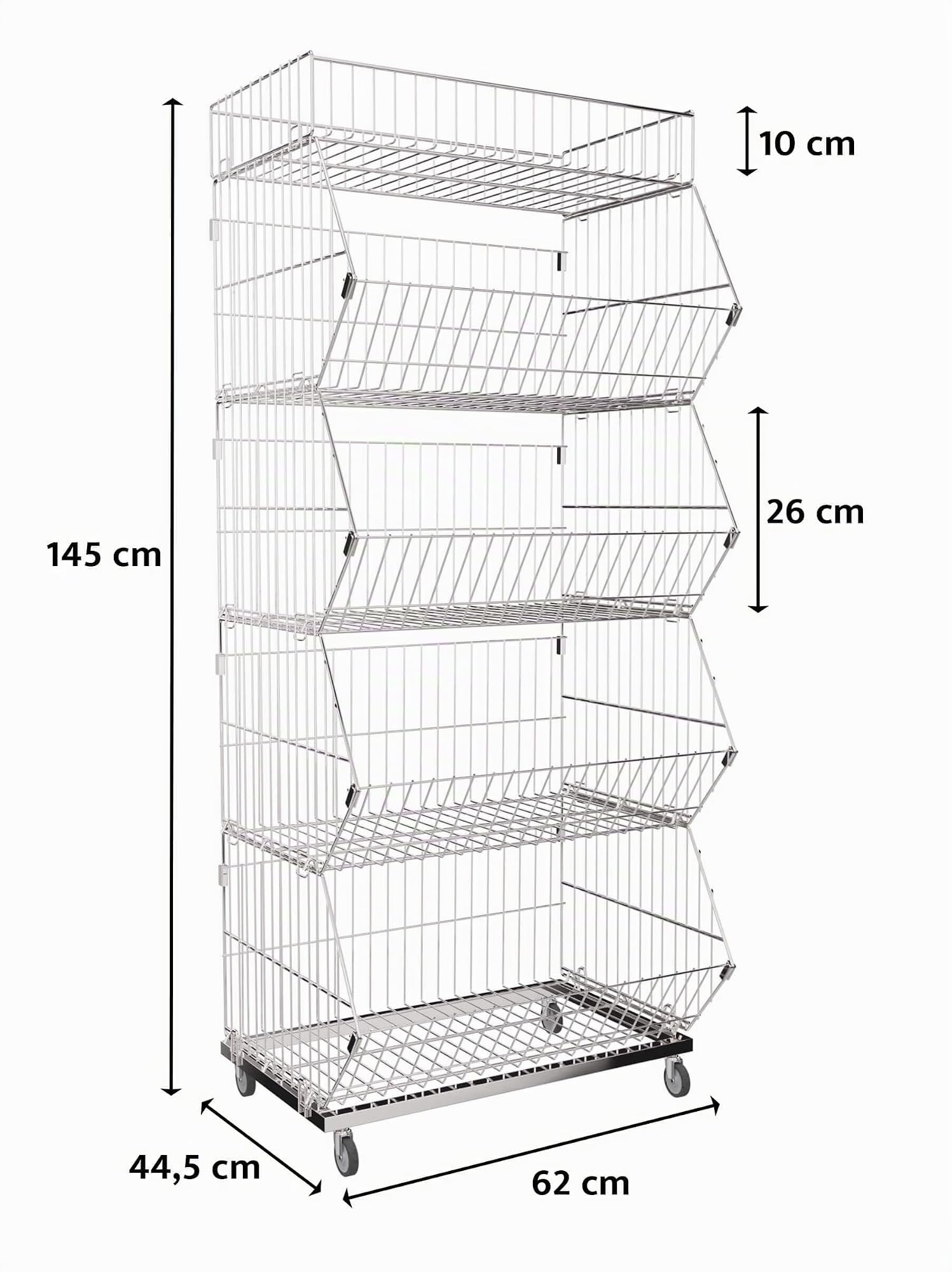Rollregal verchromt mit 5 Gitterkörben B62 x T44,5 x H145 cm, Stapel Korbwagen, Wühlkörbe für Aktionsware, rollbares Obst- und Gemüseregal