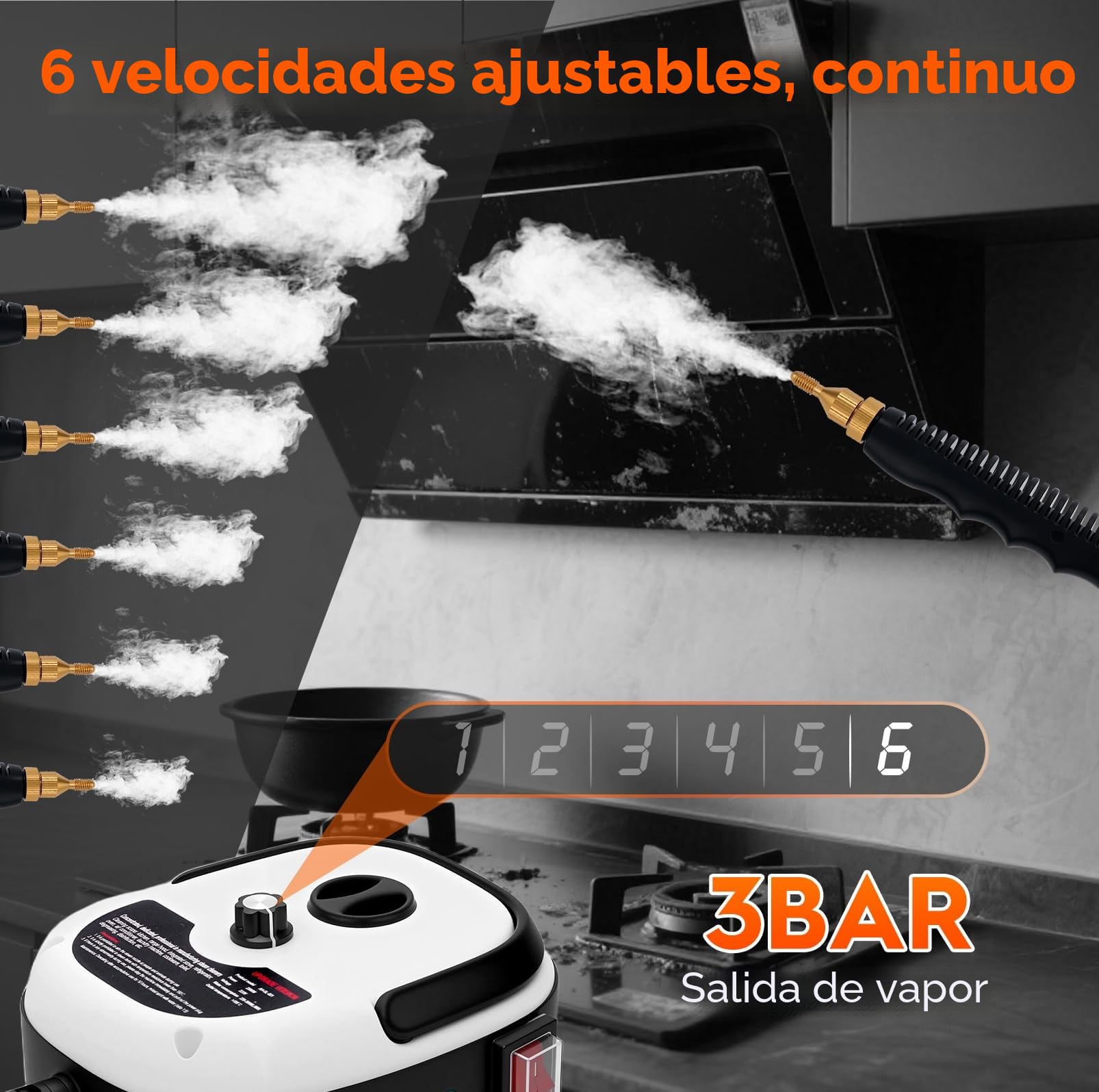 Limpiador a Vapor Portátil, Vaporeta de Mano 2500W, Vaporeta Limpieza Hogar, 6 Velocidades, para Limpiar Tapicería, Baño, Azulejos, Limpieza de Coches