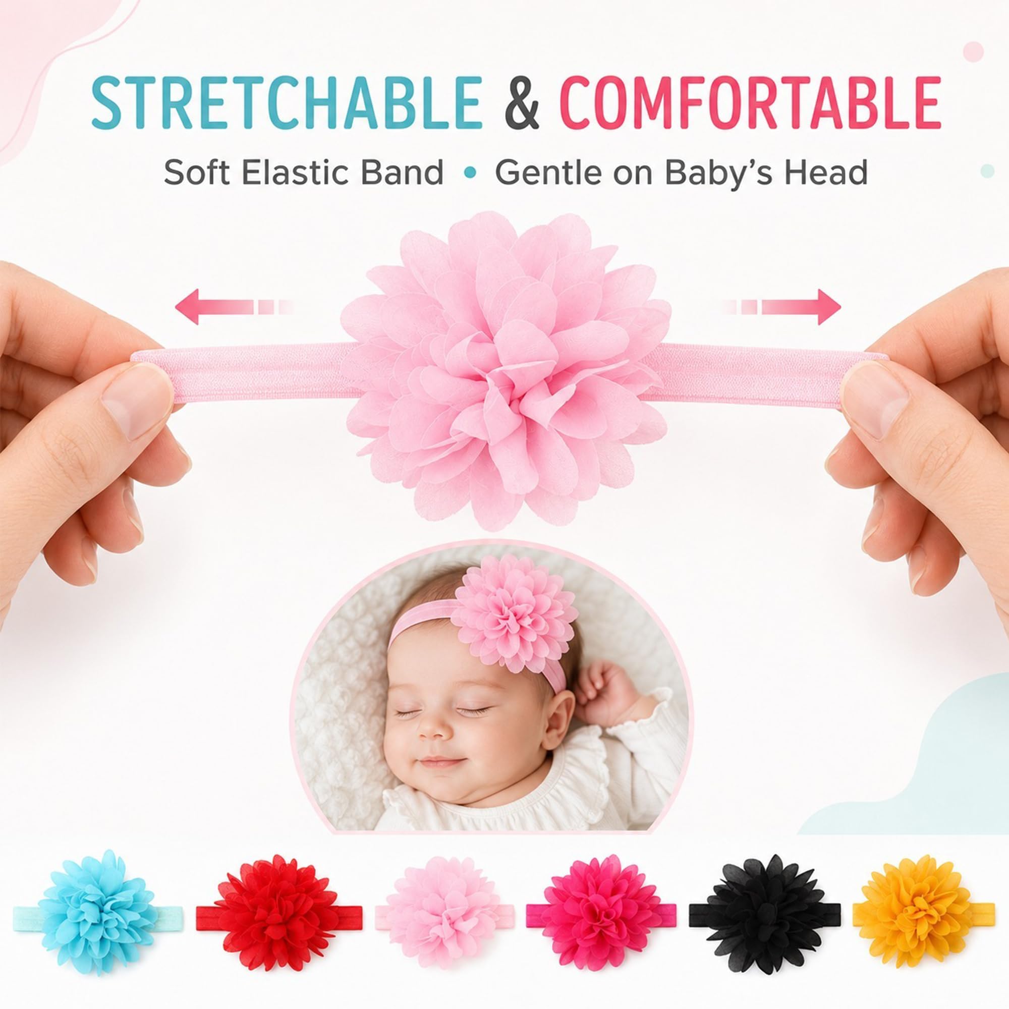 Babymoon Set of 6 | Plain Flowers Soft Synthetic Hairbands for Baby Girls, Infants and Toddlers Headbands | Multi 2