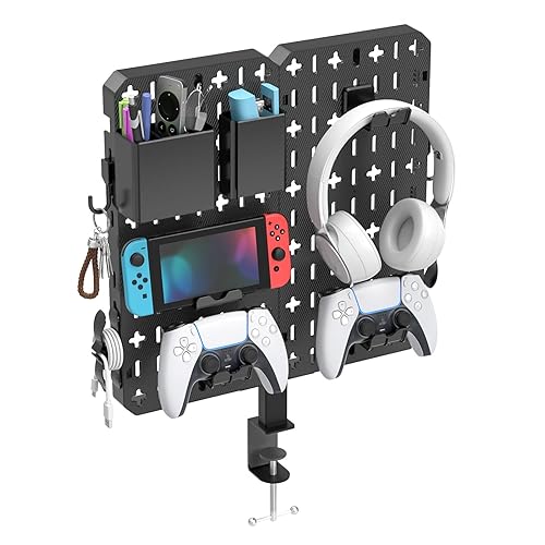 KDD 7 in 1 Clamp-on Desk Pegboard - No Drill Desk Side Storage with Phone Stand/Pen Holder/Storage Box/Headset & Controller Holder/Hooks, Detachable Gaming Pegboard for Office & Home Desktop Organizer