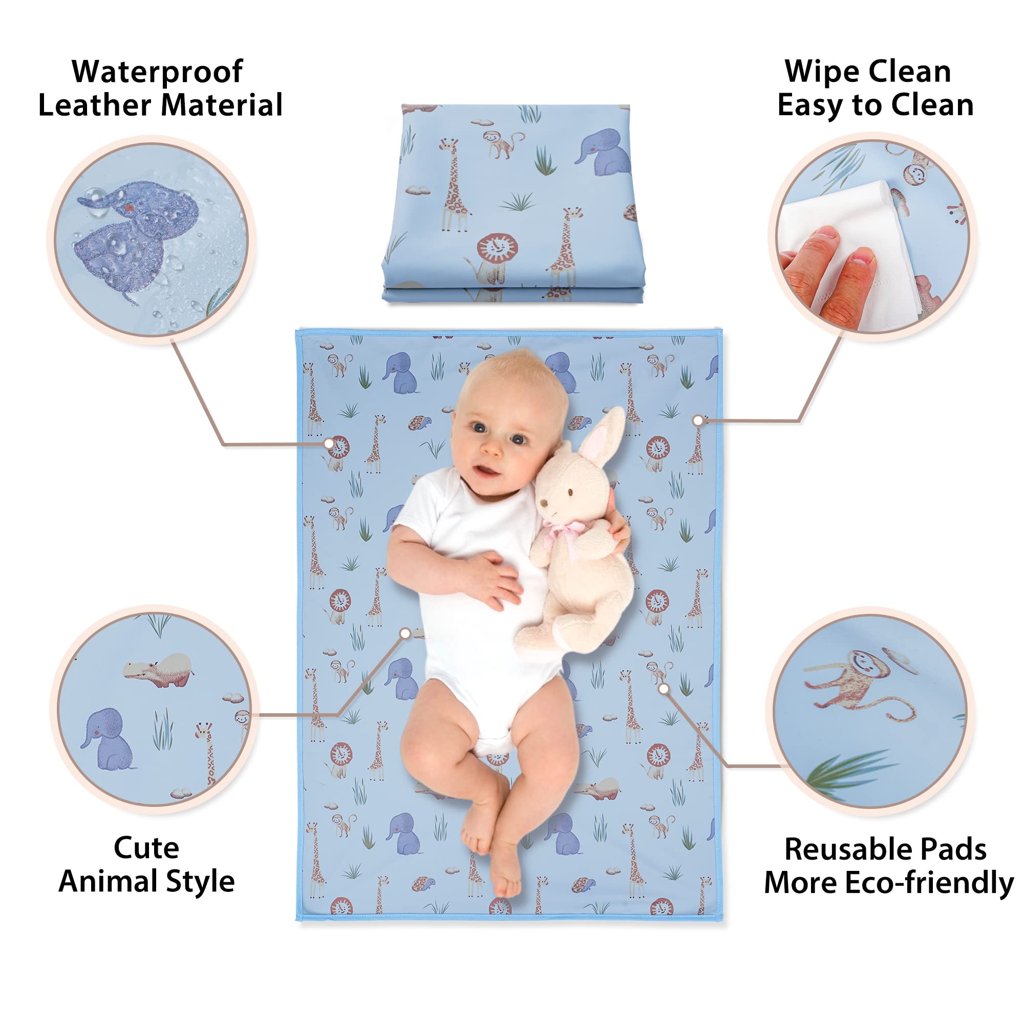 Cambiador de cuero vegano para bebé, cambiador portátil lavable, tapete cambiador de viaje plegable para bebés, regalos de ducha para recién nacidos (animal, 20 x 28 pulgadas)