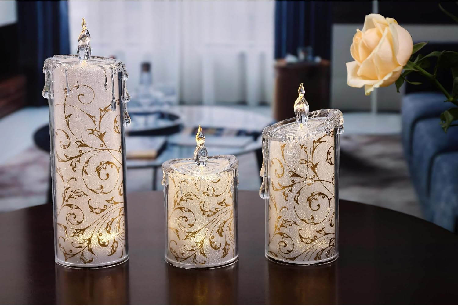 Icy Giftware LED Lighted Glitter Swirly Leaves Candles - 9.5" - Gold and White - Set of 6
