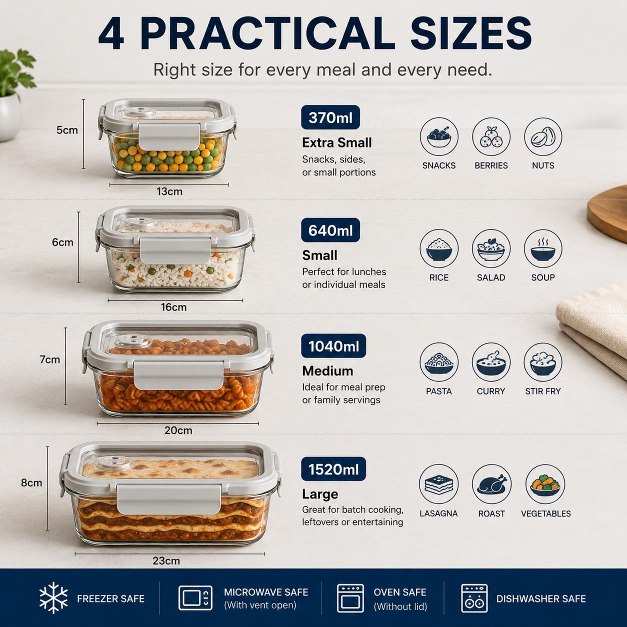 Set di 4 contenitori per alimenti in vetro con coperchio in vetro, adatti per congelatore e forno