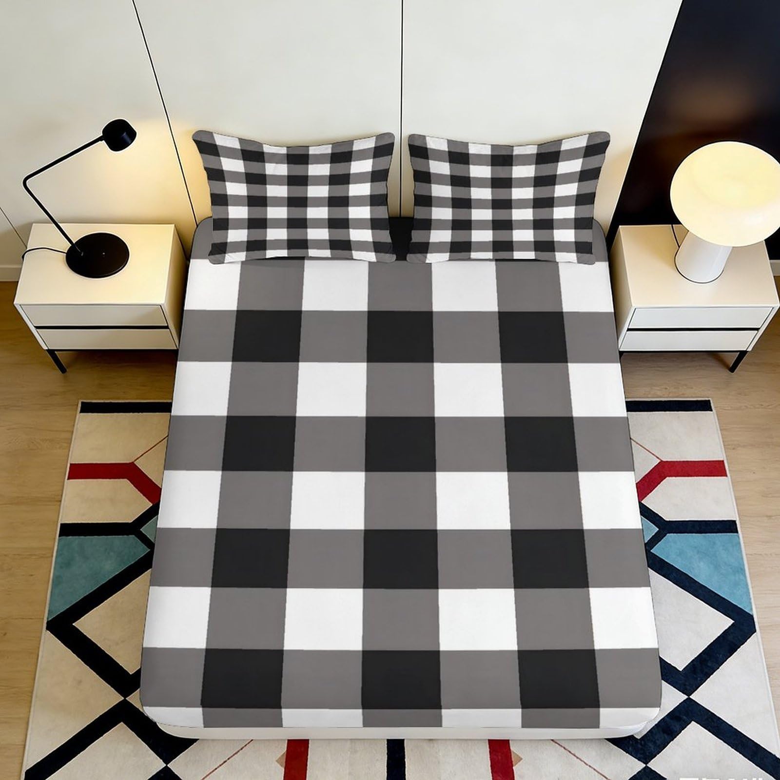 Pnayamiorkfel Style-5 3D Printed Black White Plaid Fitted Sheet Microfiber Soft Checkered Bed Cover For Bedroom Dorm Mattress Decor 90X200x25cm