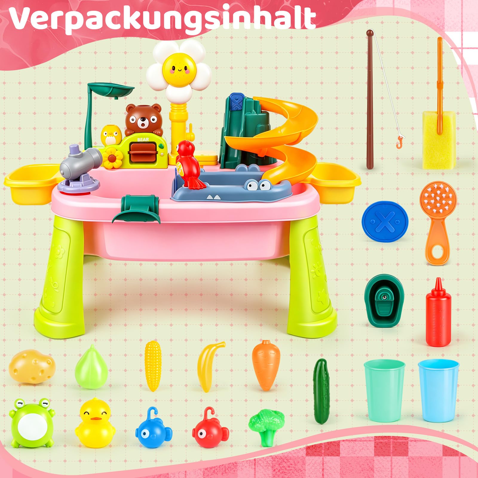 Kinder Spülbecken, Kinderwaschbecken mit Wasserkreislauf, Waschbecken Kinder mit Wasserfunktion, Wasserspieltisch mit Elektrischem Wasserhahn Obst Gemüse und Angelspielzeug ab 3 Jahre (Rosa)