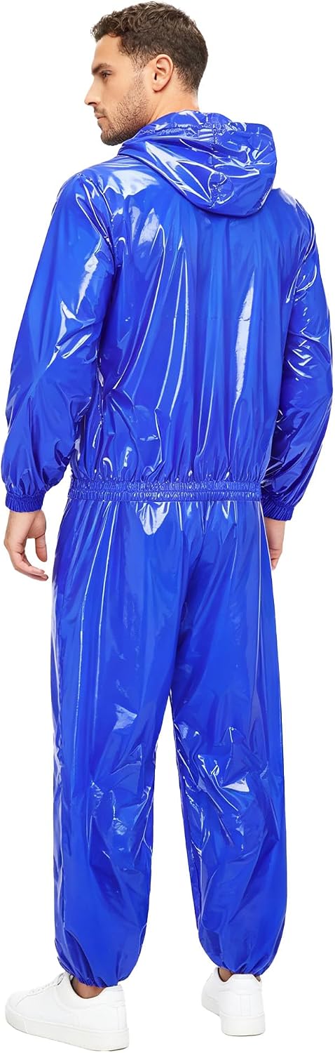 Sywiyi Men Plastic Oversized Hoodie Pants Set Gym Outfits Sauna Suit Loose Outfit Streetwear Raincoat for Golf