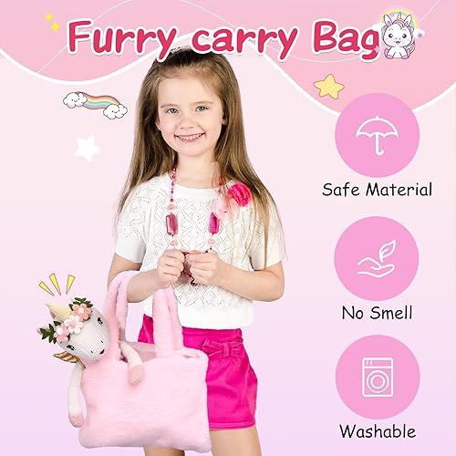 Miniatura 3 de Muñeca de unicornio de peluche para niñas, muñeca bailarina, bolsa de transporte de felpa, 3 juegos de accesorios de tela, cuidado de mascotas,
