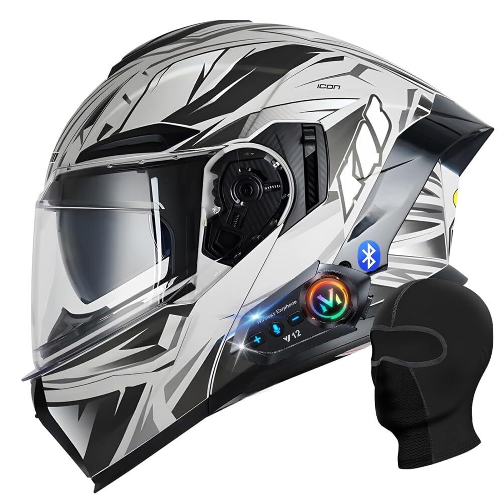 Casco de Motocicleta abatible con Bluetooth, Viseras duales integradas y micrófono, Casco Modular Integral Ligero con certificación Dot/ECE(K,XL 61~62CM)