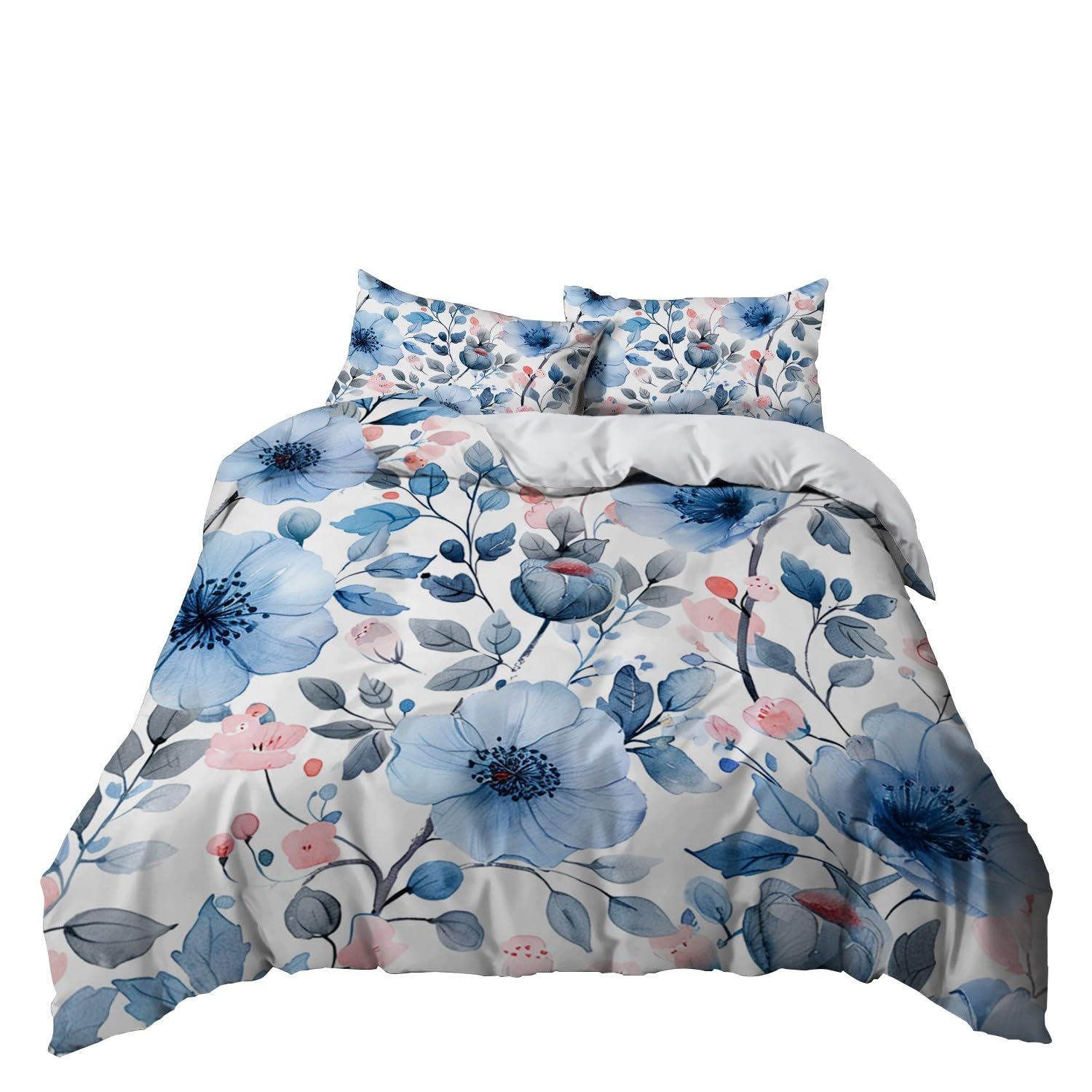 Biancheria da letto blu, 155 x 220 cm, per bambini, ragazzi e adolescenti, per letto singolo, fiori botanici e foglie, copripiumino con chiusura lampo e federa da 80 x 80 cm