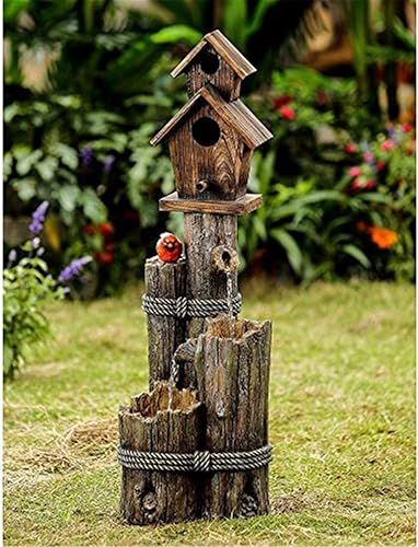 Fuente de agua con acabado de madera escalonada con pajarera