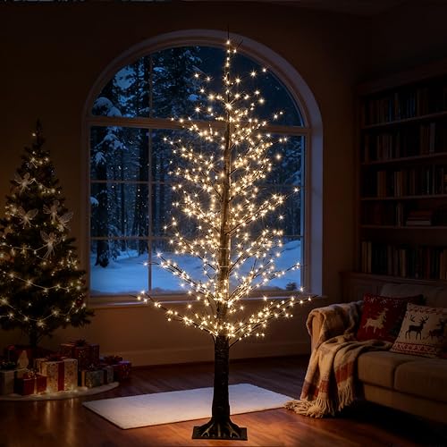 Miniatura 2 de Árbol de abedul iluminado negro de 5 pies con 800 luces cálidas, árbol de Navidad preiluminado con luces parpadeantes, árbol de abedul LED para