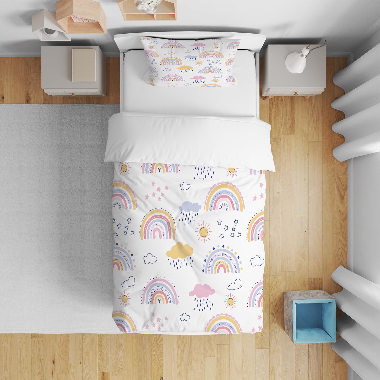Zestaw pościeli dla dziewczynek w kolorach tęczy, poszewka na poduszkę 65x65 cm, poszwa na kołdrę 140x200 cm, pościel w stylu kreskówkowym z chmurami z łatwym do otwierania zamkiem