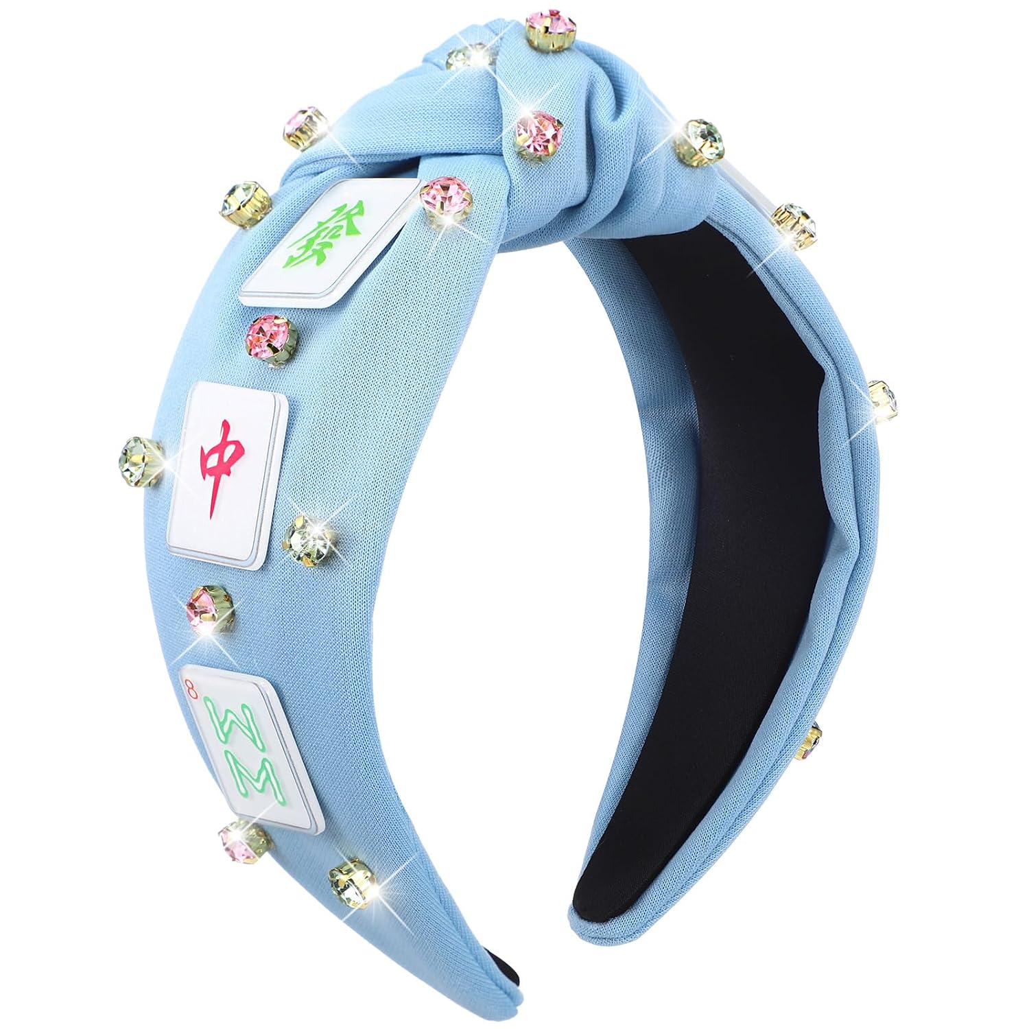 Suncalla Mahjong Knotted Headband Rhinestone Crystal Embellished Headband Wide Top Knot Funny Hairband Hair Accessories Mahjong Gifts for Women Girls Lovers Players Themed Party Favors(Blue)