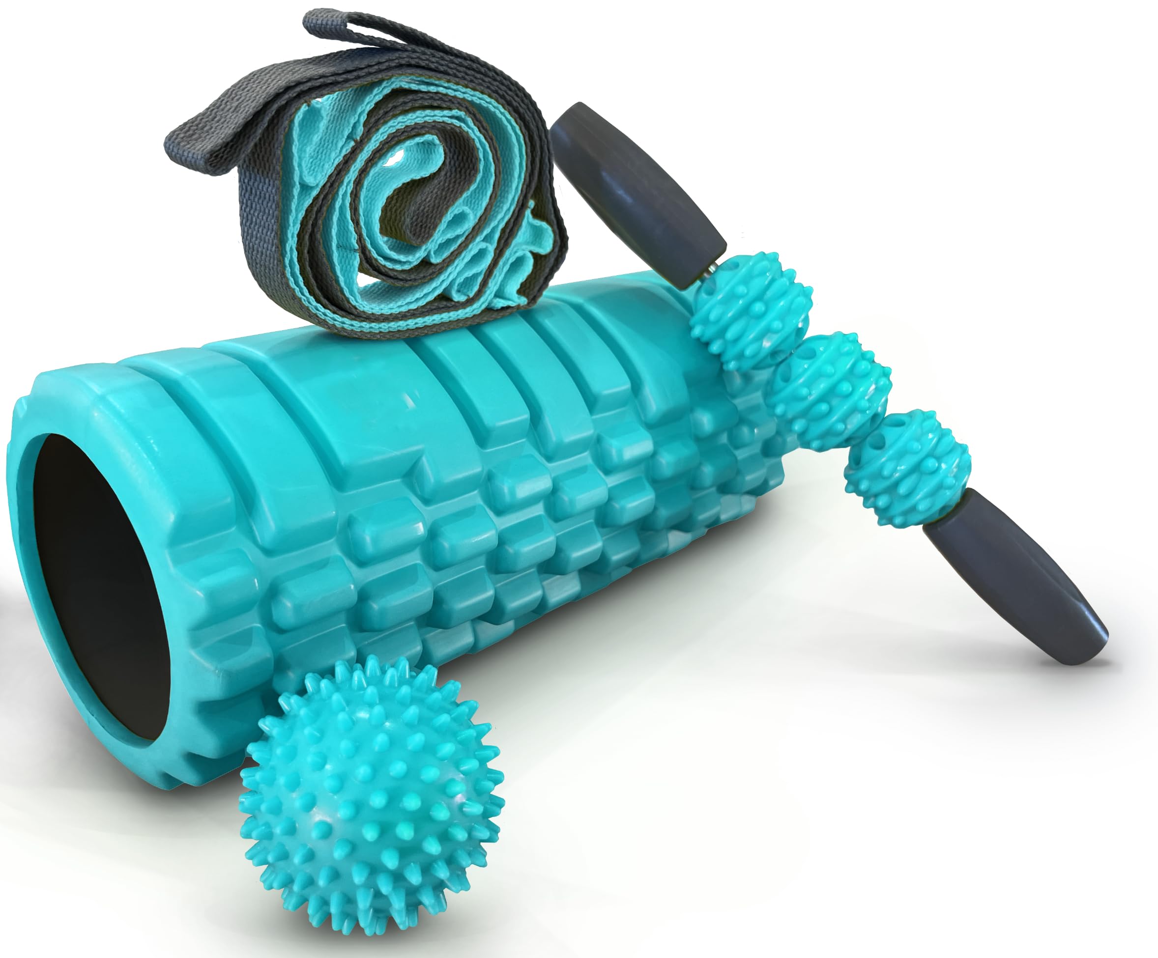 321 STRONG 5 in 1 Foam Roller Set with Hollow Core Deep Tissue Massager, Muscle Roller Stick, Stretching Strap, Spikey Plantar Fasciitis Ball, and Carry Bag, with 4K eBook