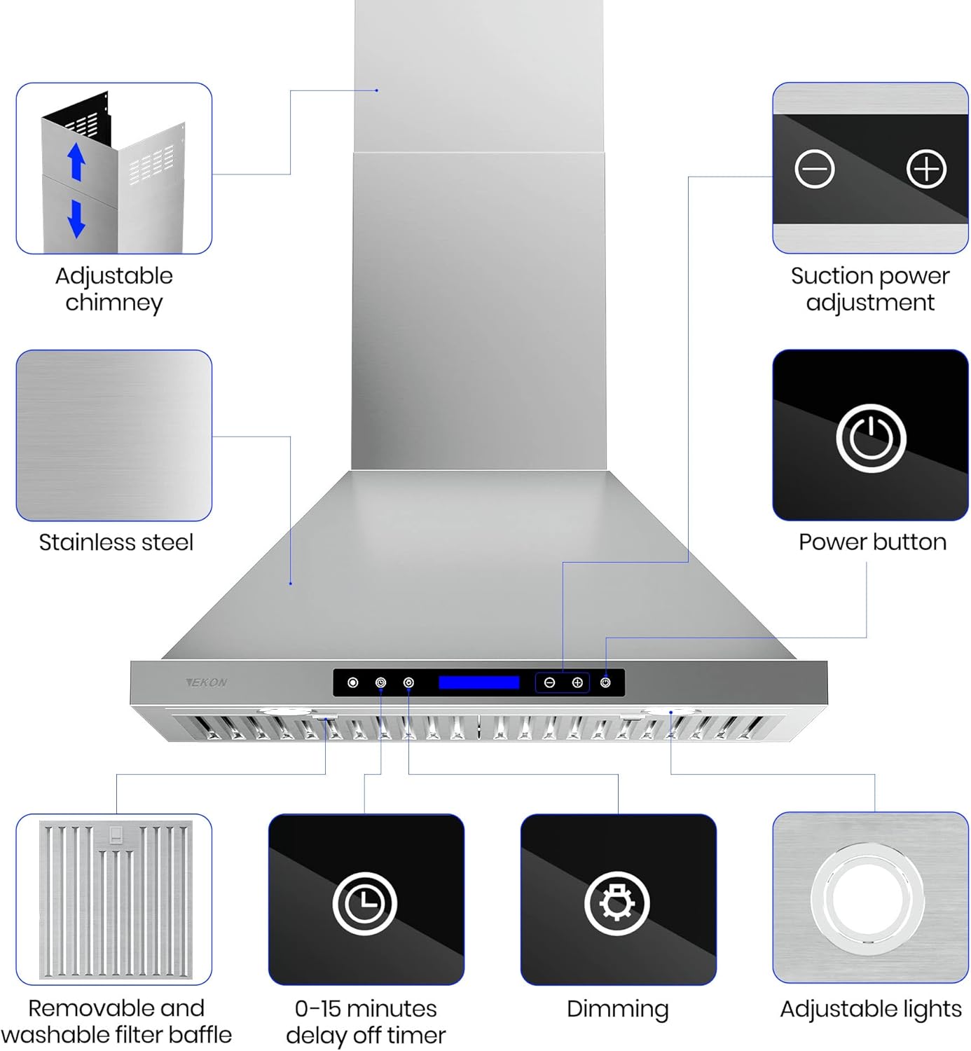 Range Hood, EKON NAP02 900CFM Wall Mount Range Hood Ducted/Ductless Convertible Kitchen Chimney Vent, 4 Speeds Touch Control/Remote,Delay Shut Off Function,Dishwasher-safe Filters (NAP02-30IN)