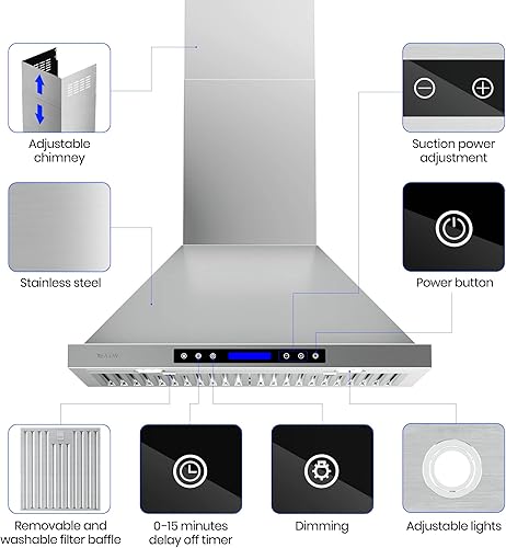Miniatura 5 de Campana extractora, EKON NAP02 900CFM, campana extractora de montaje en pared, conductossin conductos, convertible para chimenea de cocina,