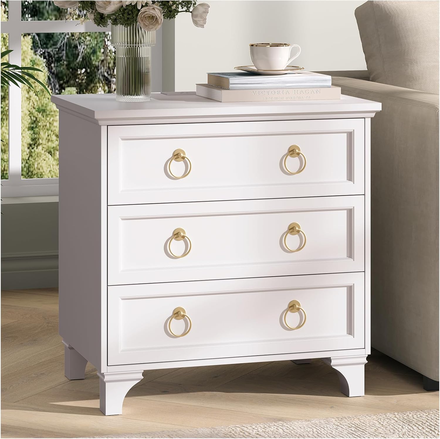 White End Table with Charging Station, Modern Nightstand with 3 Drawer Storage, Large Bedside Table with Wide Desktop, 24'' Tall Sofa End Table for Living Room, Bedroom, White