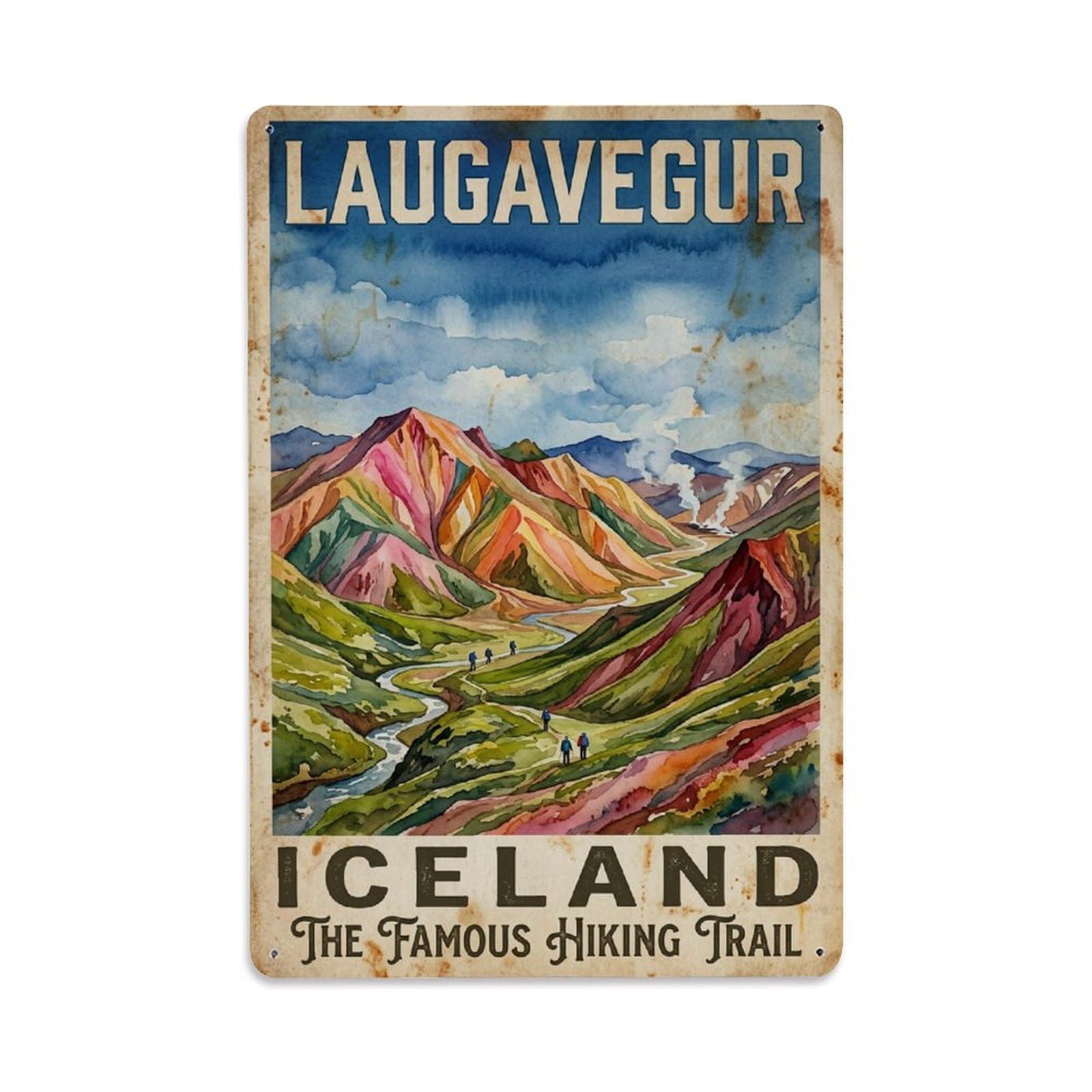 Vintage Travel Laugavegur Iceland Trek Metal Tin Sign Plaque Wall Decor for Cafe, Club Bar, Office, Home Garden Metal Poster 8x12Inch