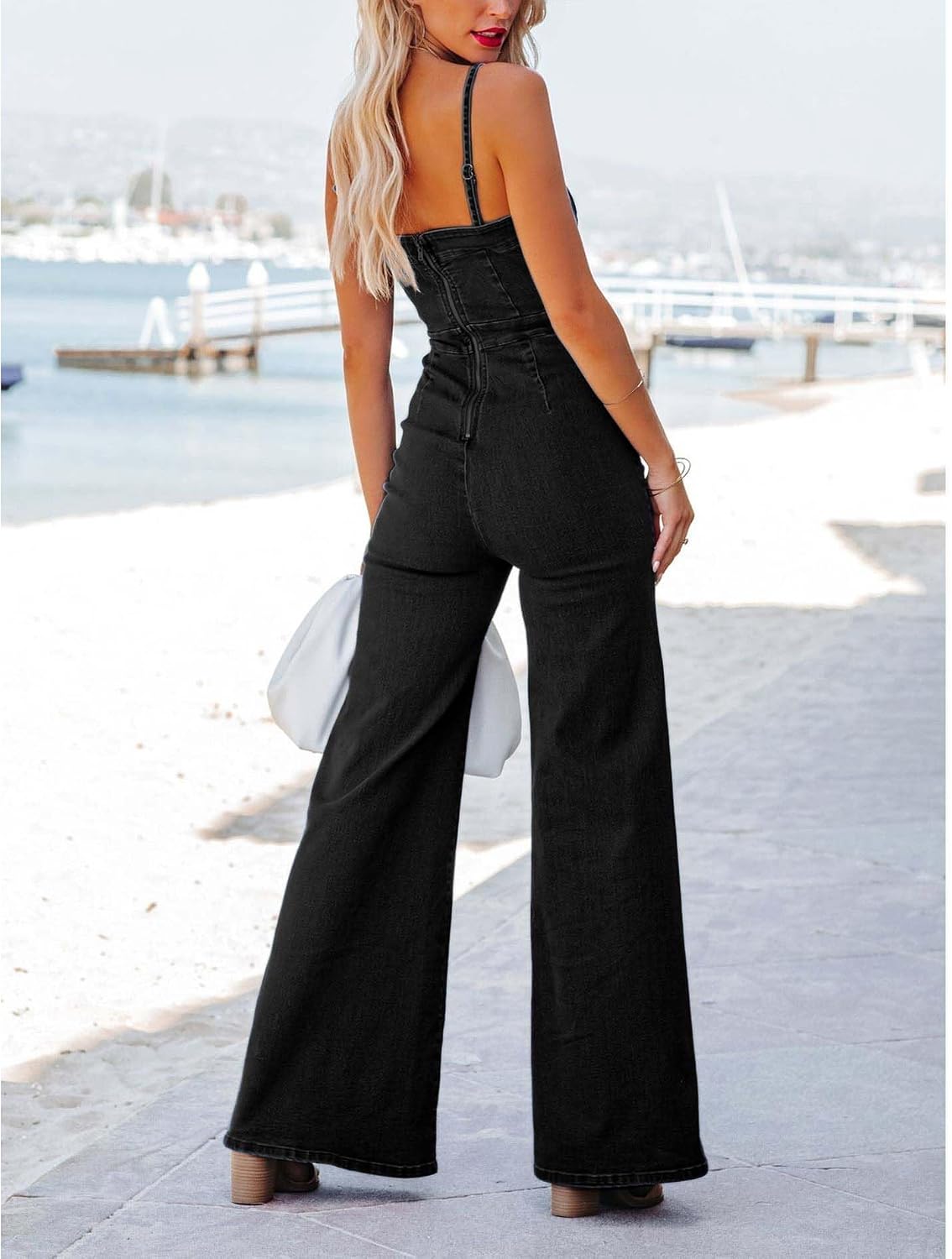 xxxiticat Women's Denim Jumpsuit Sleeveless Spaghetti Straps V Neck Wide Leg Flared Pants One Piece Overalls Jeans Romper