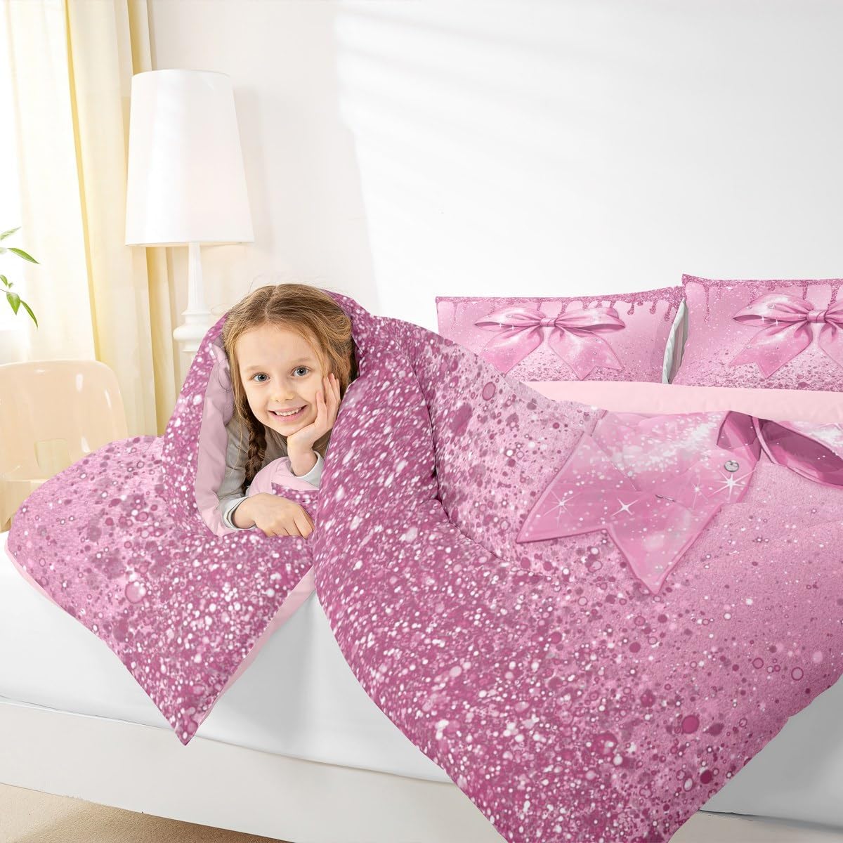 Kids Watercolor Bow Bedding Set Twin Size Pink Glitter Bow (No Glitter) Duvet Quilt for Boys Girls Teens Bedroom Decor Cute Bowknot Comforter Set Soft Microfiber Coquette Bows With 1 Pillow Case