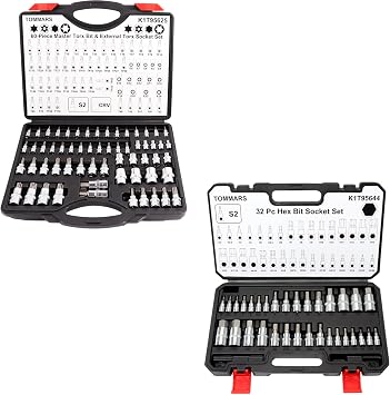 TOMMARS 32-PC Master Hex Bit Socket Set H5/64 - H3/4 & H2 - H19 & 60-Pc Master Torx Bit Socket and External Socket Set