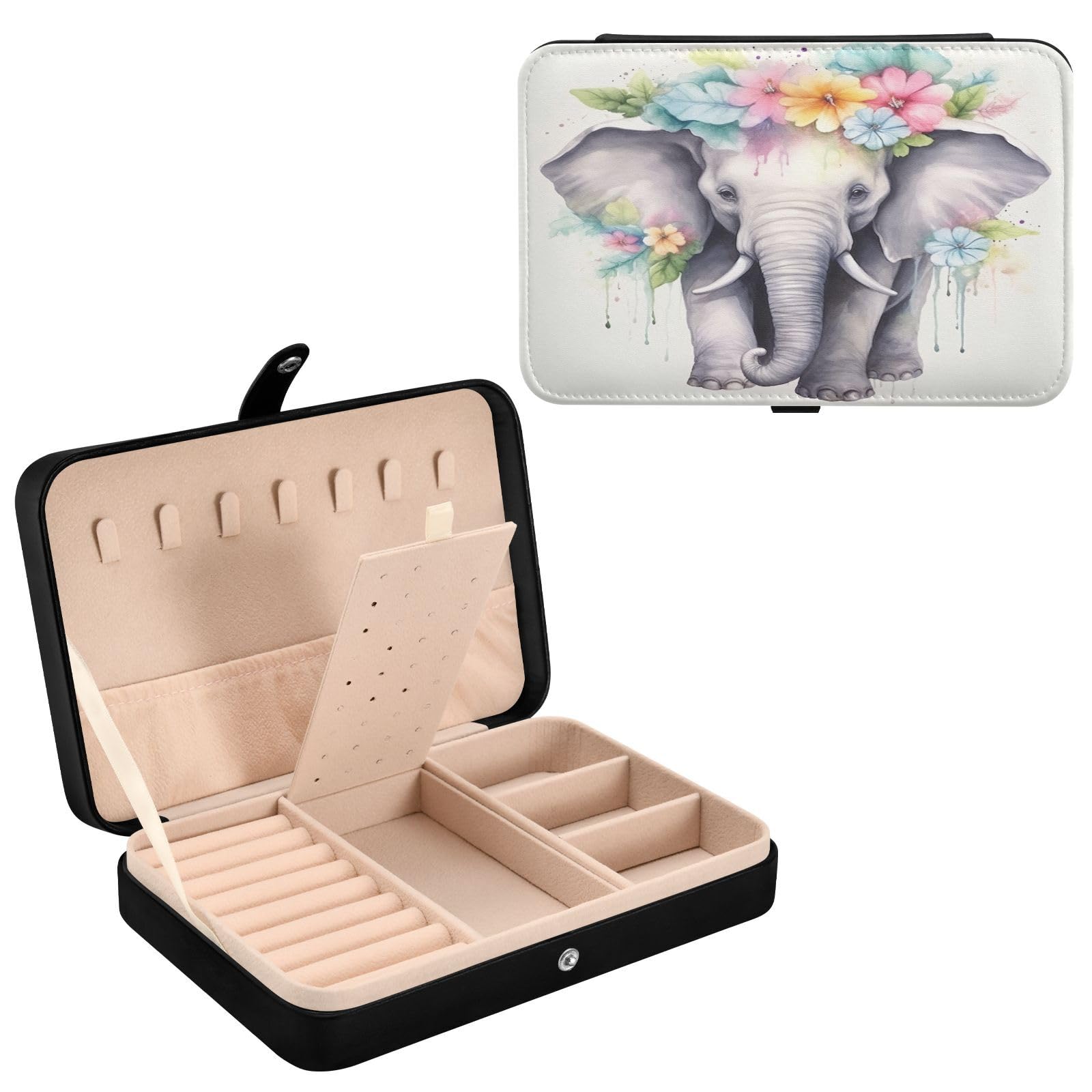 Haskirky Elephant Jewelry Box Portable PU Leather Travel Jewelry Organize for Women Jewelry Storage Display Holder for Ring, Necklace, Earring