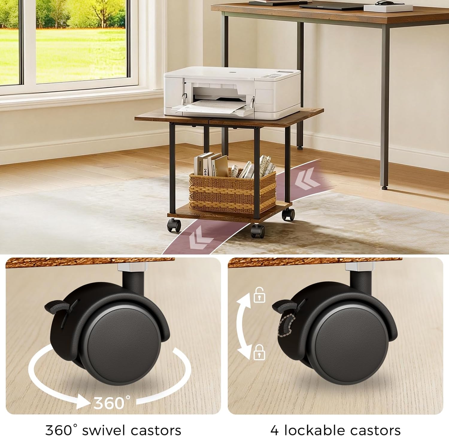 BEWISHOME Printer Stand,2-Tier Industrial Mobile Printer Stand,Rolling Cart with Storage Shelf,Lockable Wheels,for Home,Office (Brown) 99BDZ01Z