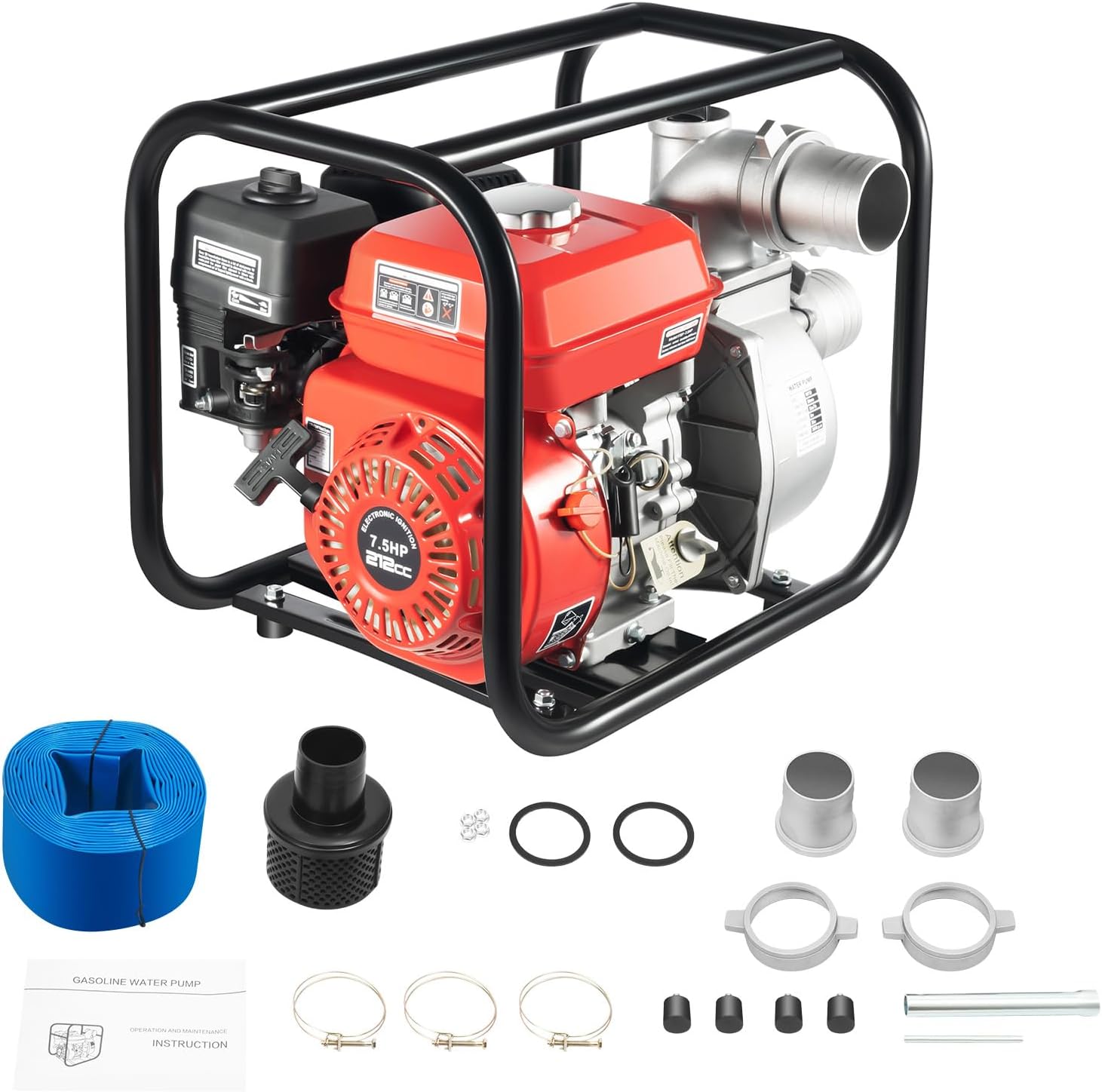 3" 7.5 HP Gasoline Engine Water Pump, 212cc 4-stroke Gas Powered Water Pump with 24.6 ft Water Pipe, High-Pressure Transfer Pumps with 26FT Suction 98FT Lift, Flow Rate Up To 1236.01ft ³/h