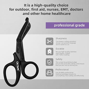 OK TAPE Shears - Bandage Scissors,Medical Scissors, EMT Trauma Shears, Non-Stick Scissors, First Aid Outdoor Stainless Steel Teflon, Black Handle and Black Coated Blades, 1 Packs