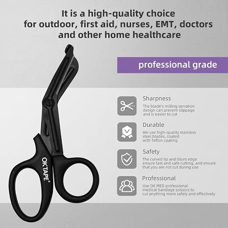 OK TAPE Shears - Bandage Scissors,Medical Scissors, EMT Trauma Shears, Non-Stick Scissors, First Aid Outdoor Stainless Steel Teflon, Black Handle and Black Coated Blades, 1 Packs