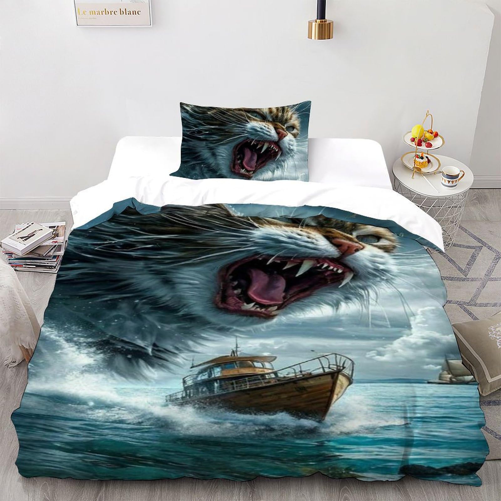 Housse de couette chat géant imprimé 3D microfibre parure de lit single 135x200 cadeau enfant
